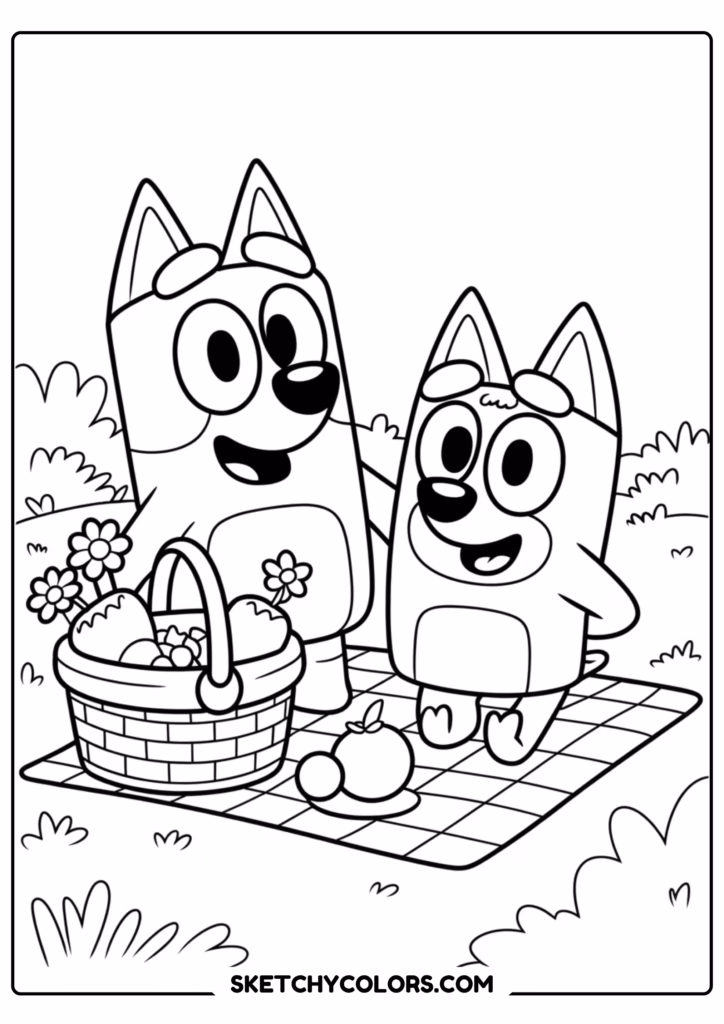 bluey picnic free printable coloring page for kids