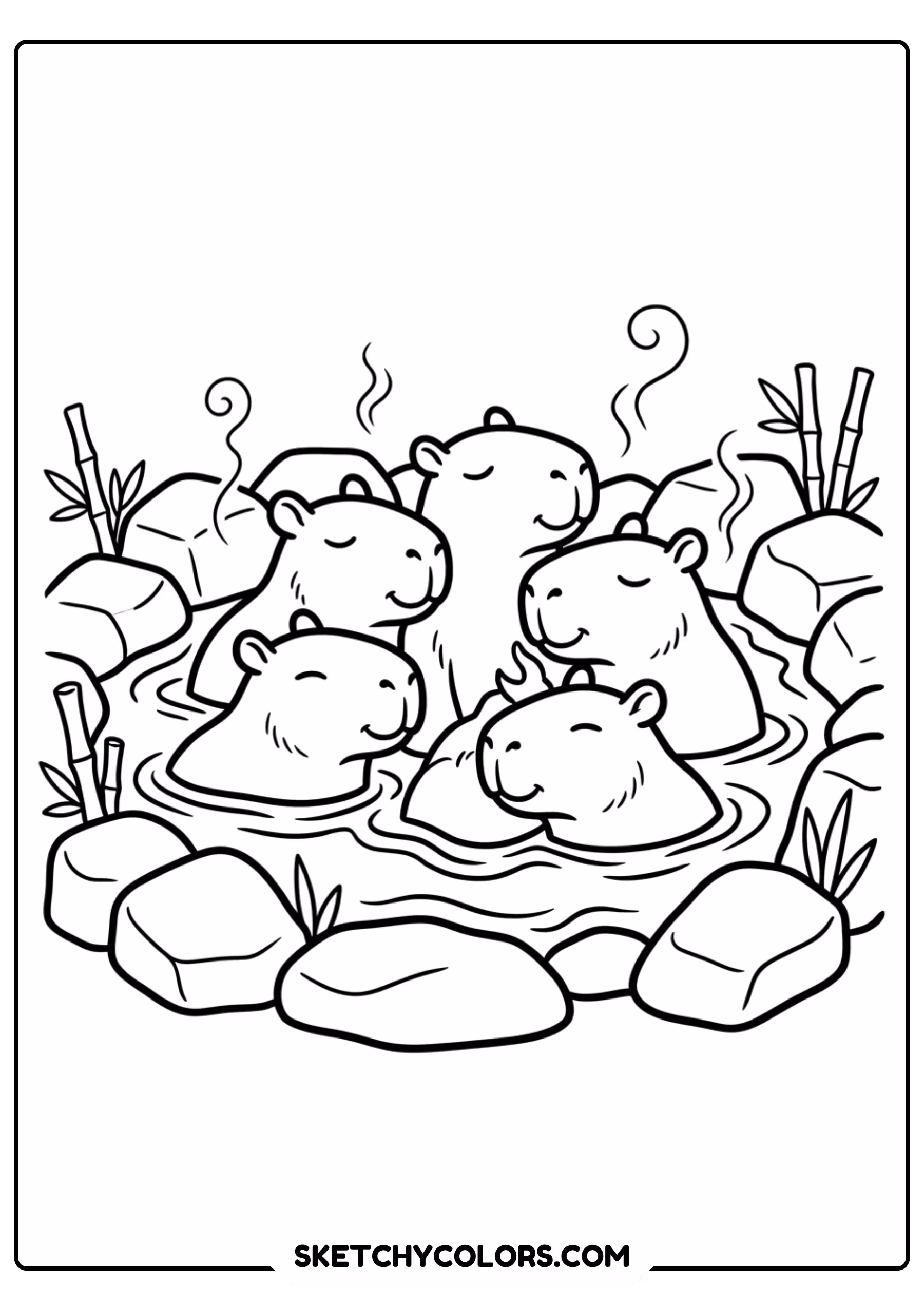 capybara hot spring group free printable coloring page for kids