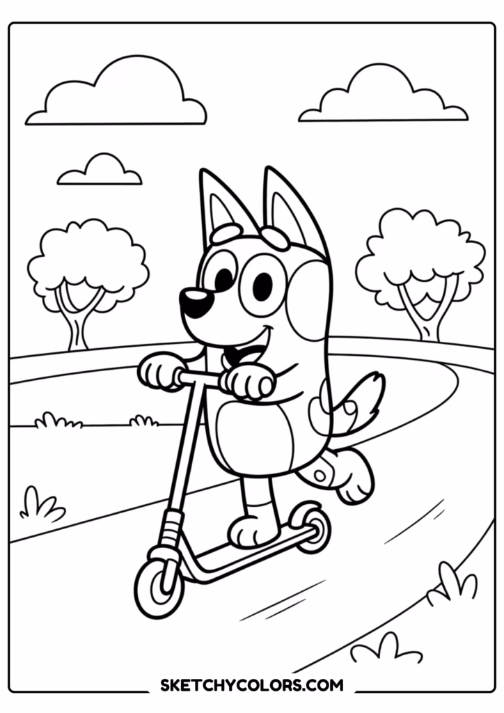 bluey scooter ride free printable coloring page for kids
