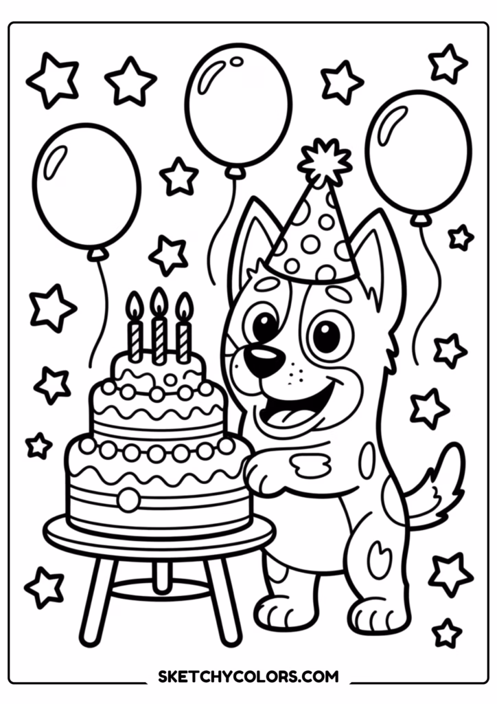 bluey birthday cake free printable coloring page for kids