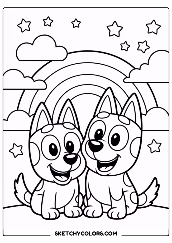bluey rainbow fun free printable coloring page for kids