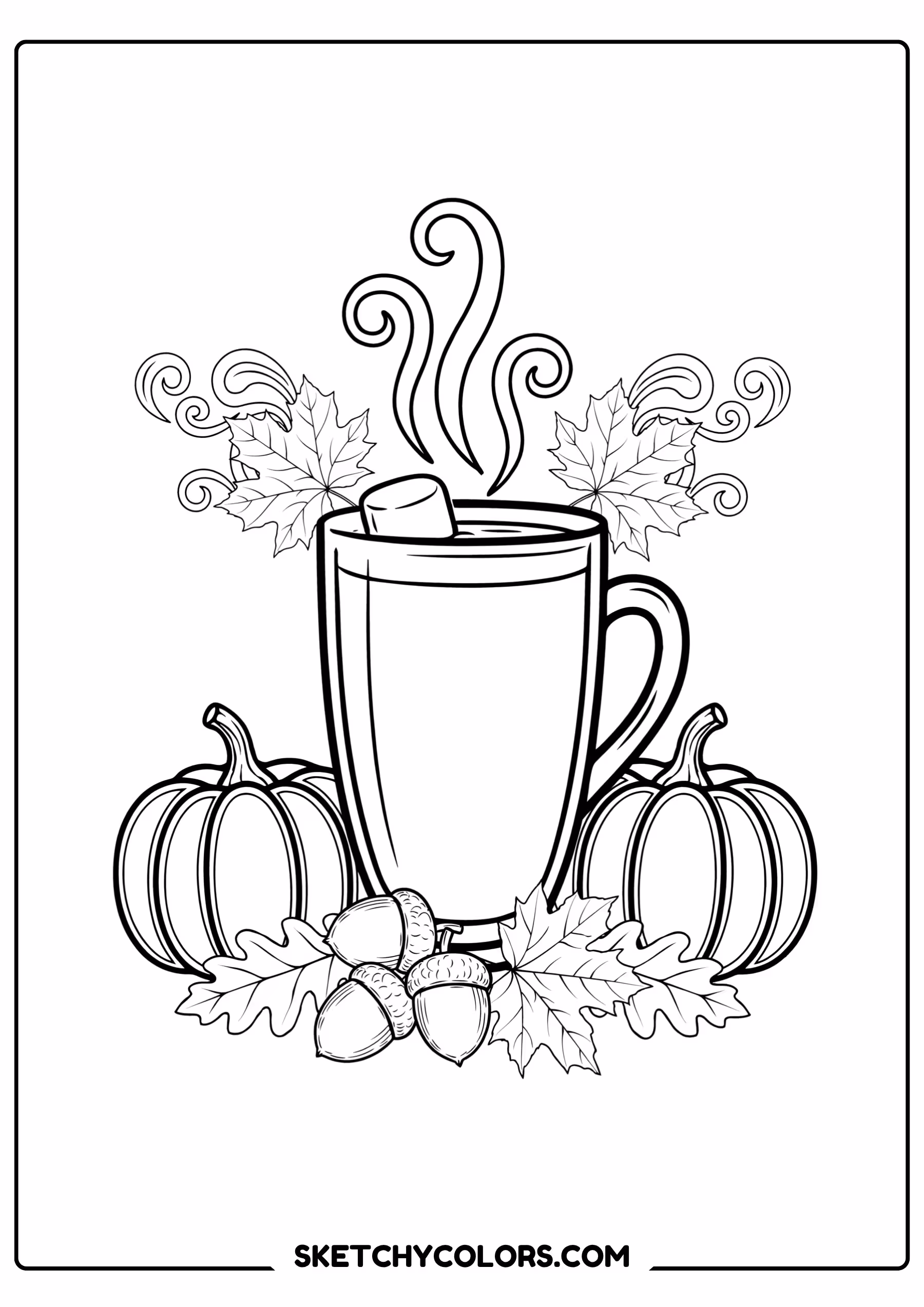 autumn coloring page hot cocoa cup pumpkins leaves free printable pdf calming coloring pages