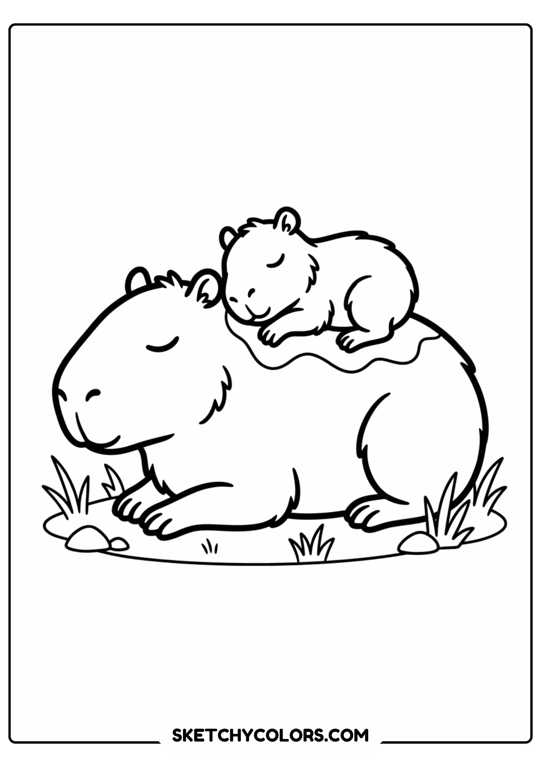 baby capybara sleeping on dad free printable coloring page for kids