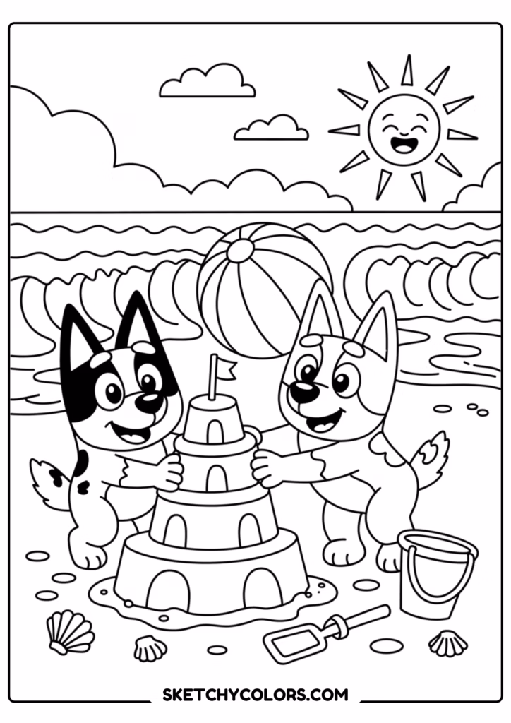 bluey beach day free printable coloring page for kids