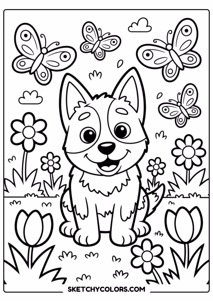 bluey spring flowers free printable coloring page for kids