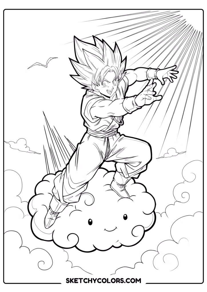goku flying on nimbus printable coloring sheet