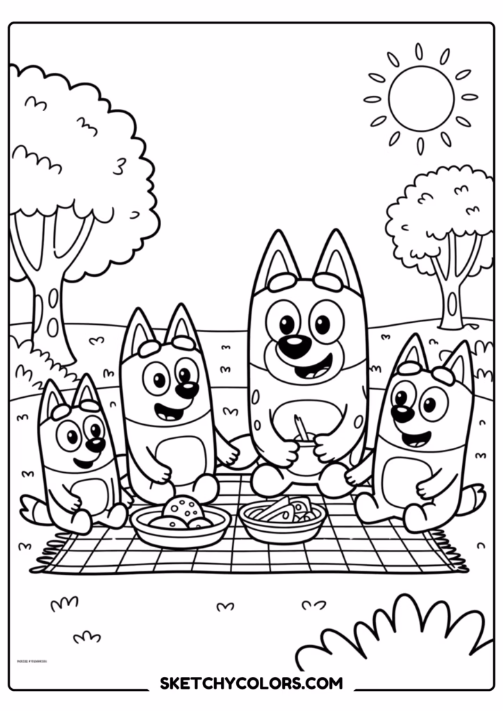 bluey family picnic free printable coloring page for kids