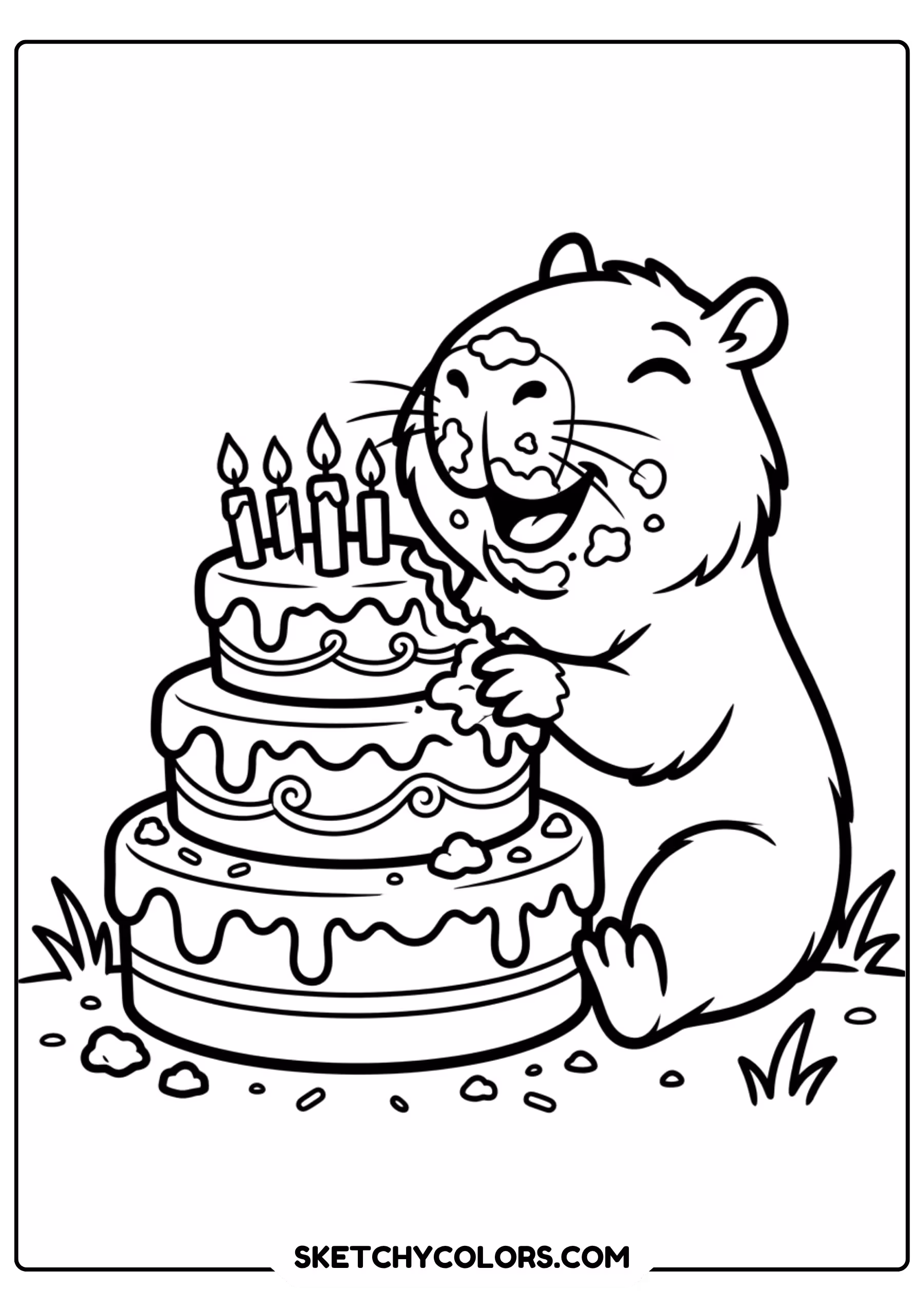 capybara birthday cake free printable coloring page for kids