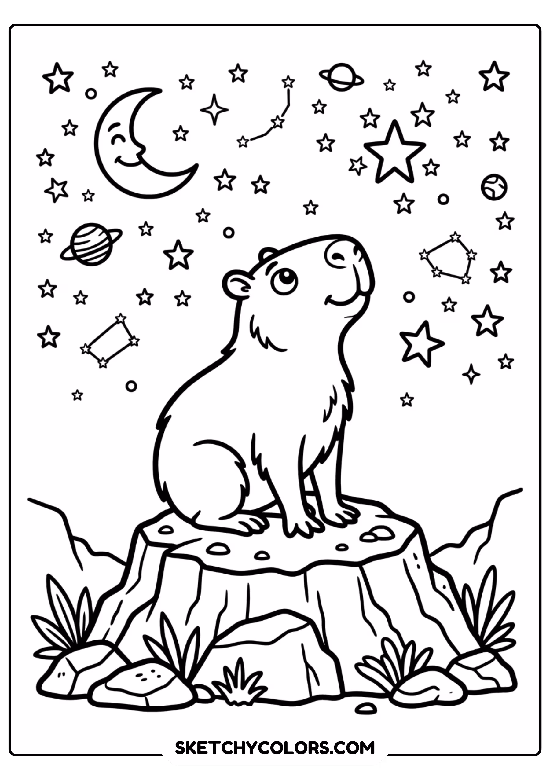 capybara moon stars night free printable coloring page for kids