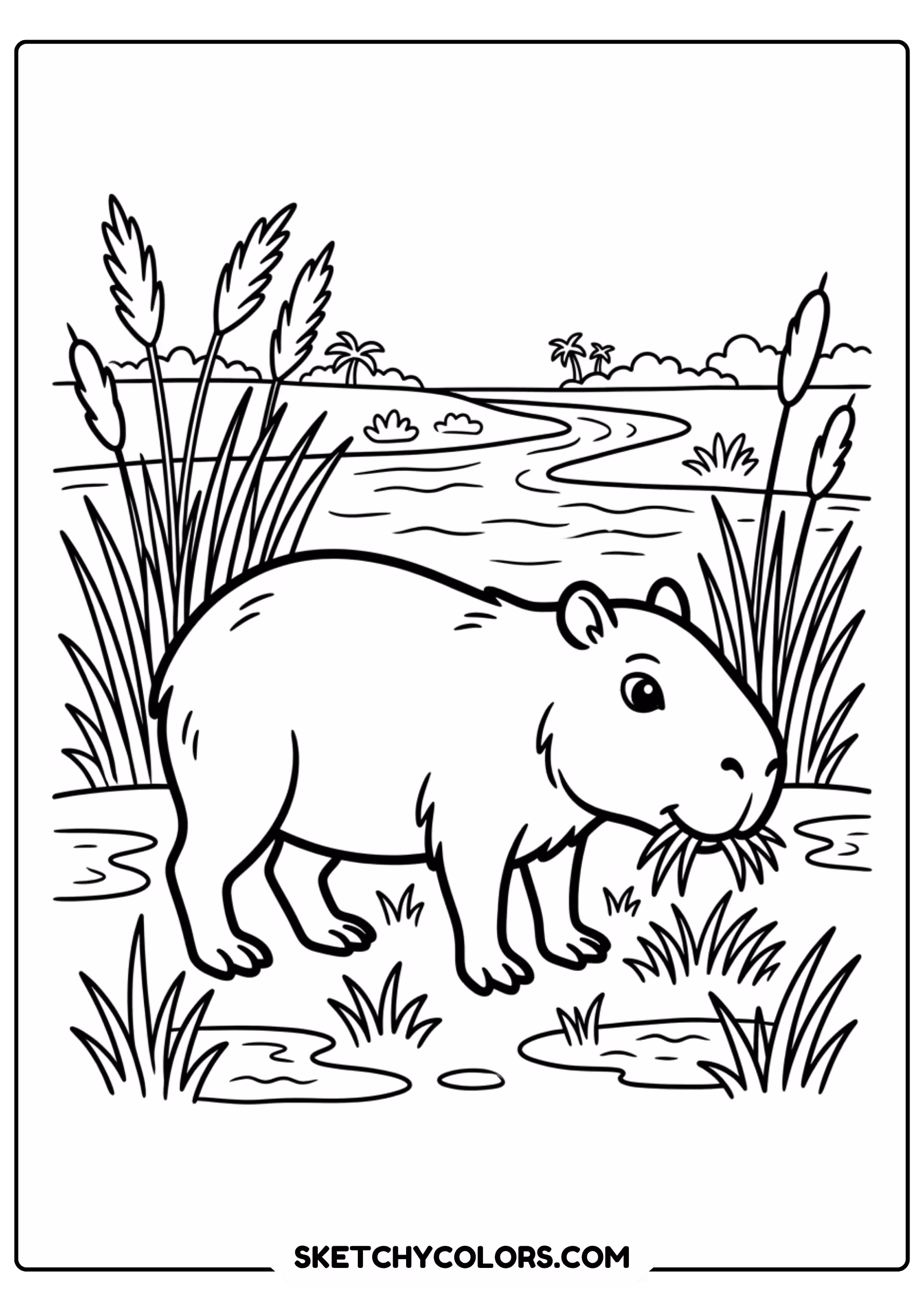 capybara river reeds edge free printable coloring page for kids