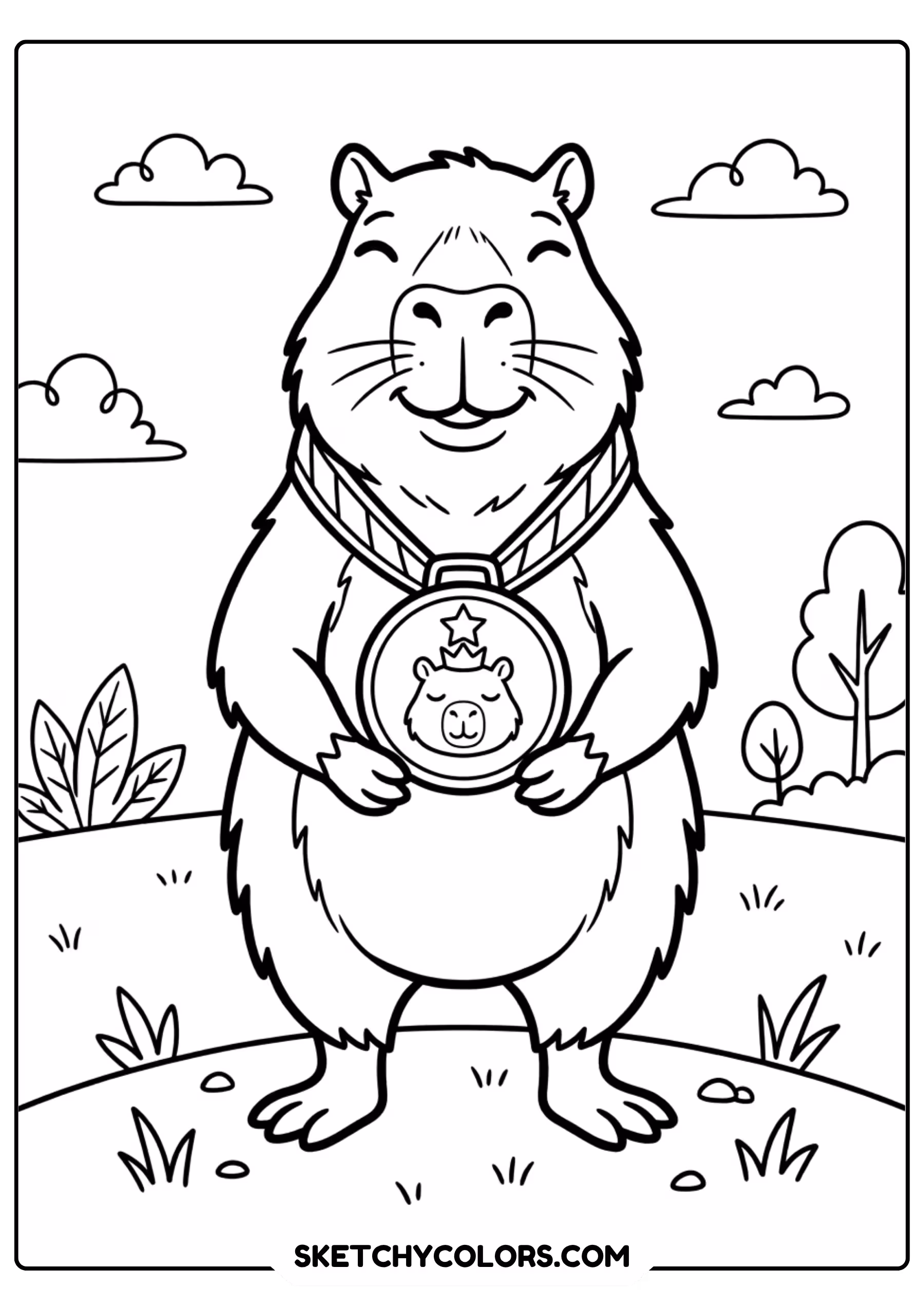 capybara champion medal free printable coloring page for kids