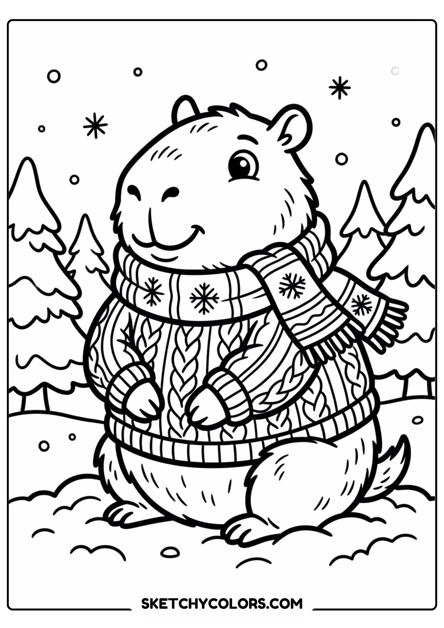 capybara winter sweater scarf free printable coloring page for kids