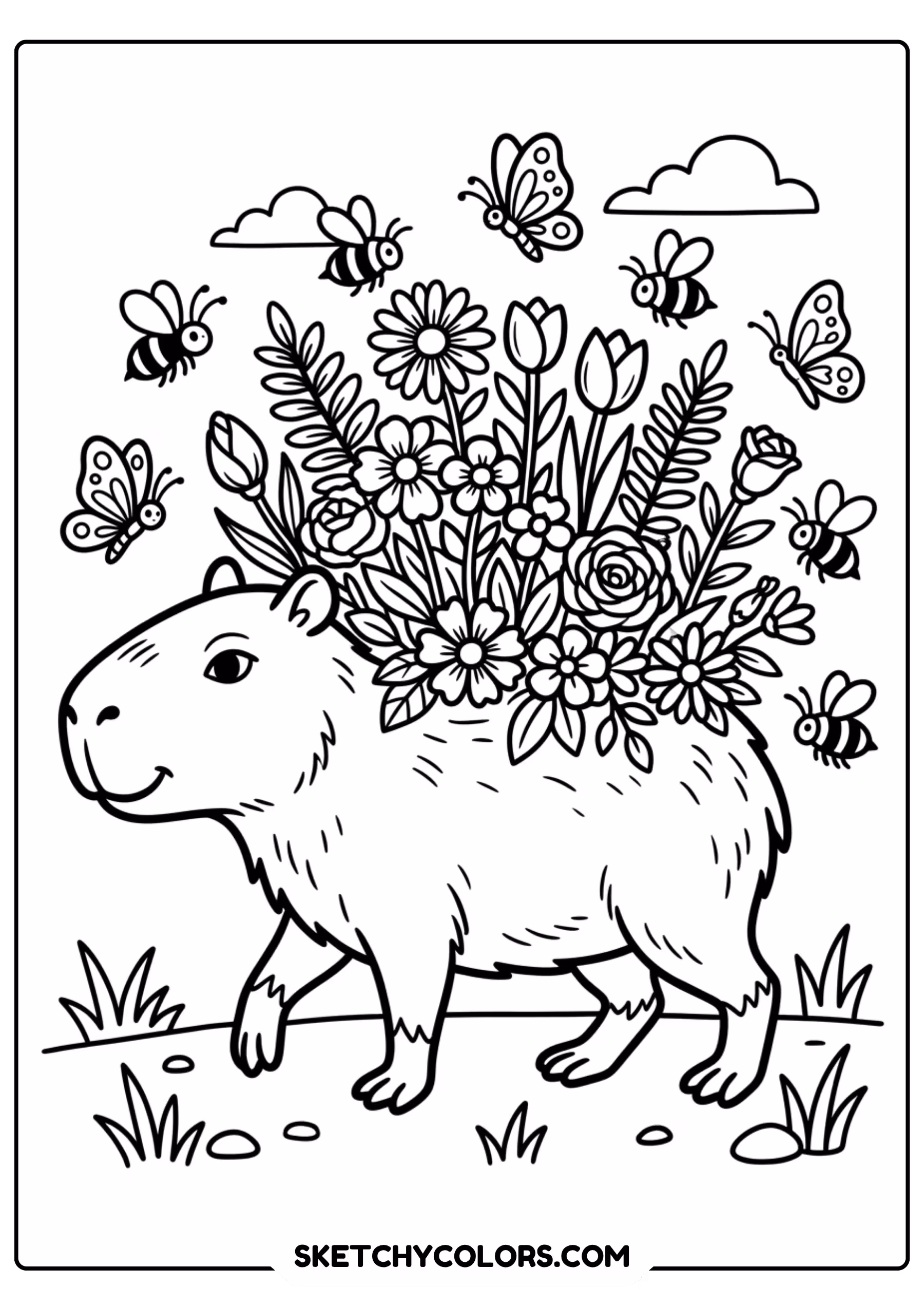 capybara living garden flowers back free printable coloring page for kids