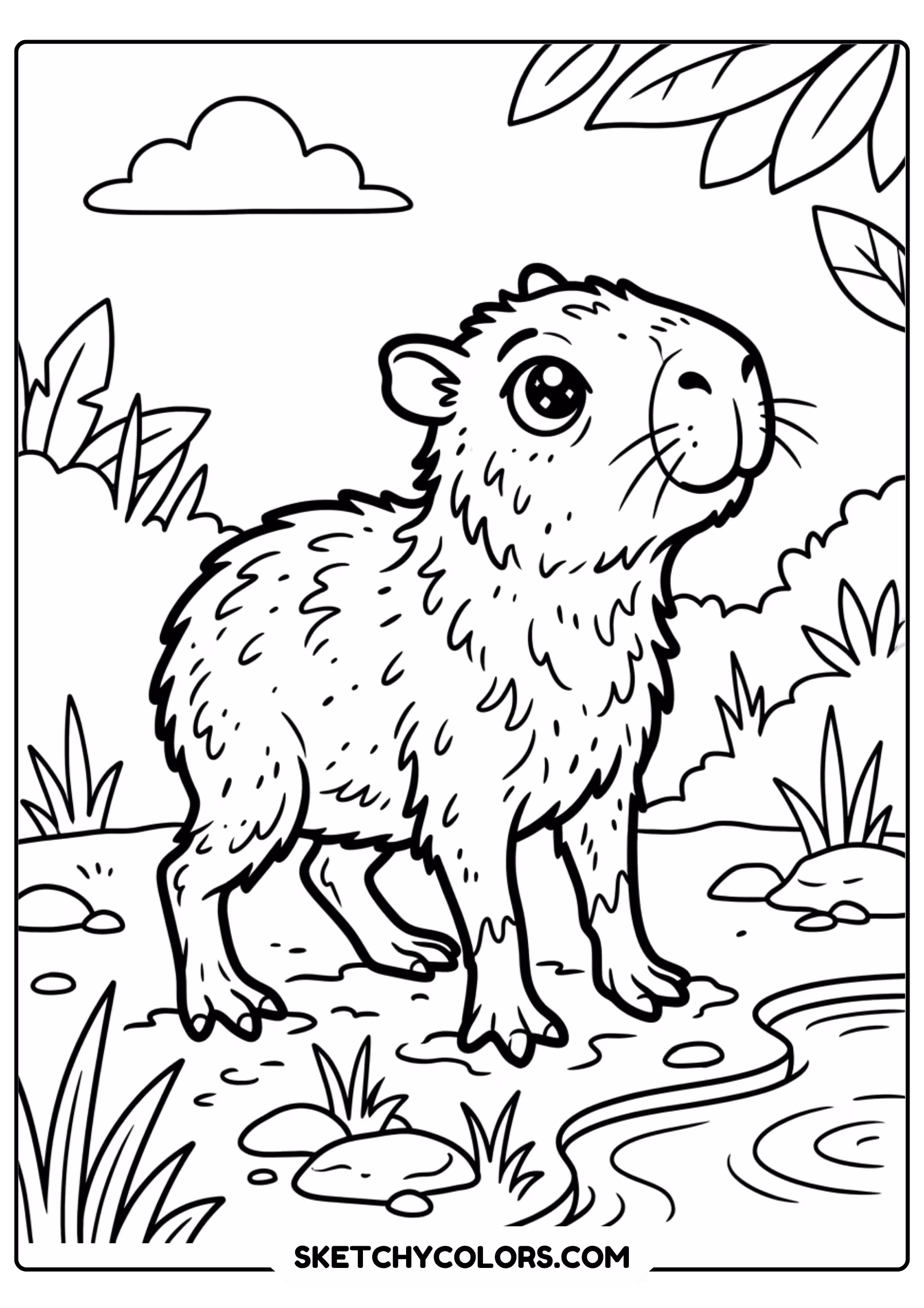 baby capybara garden flowers free printable coloring page for kids