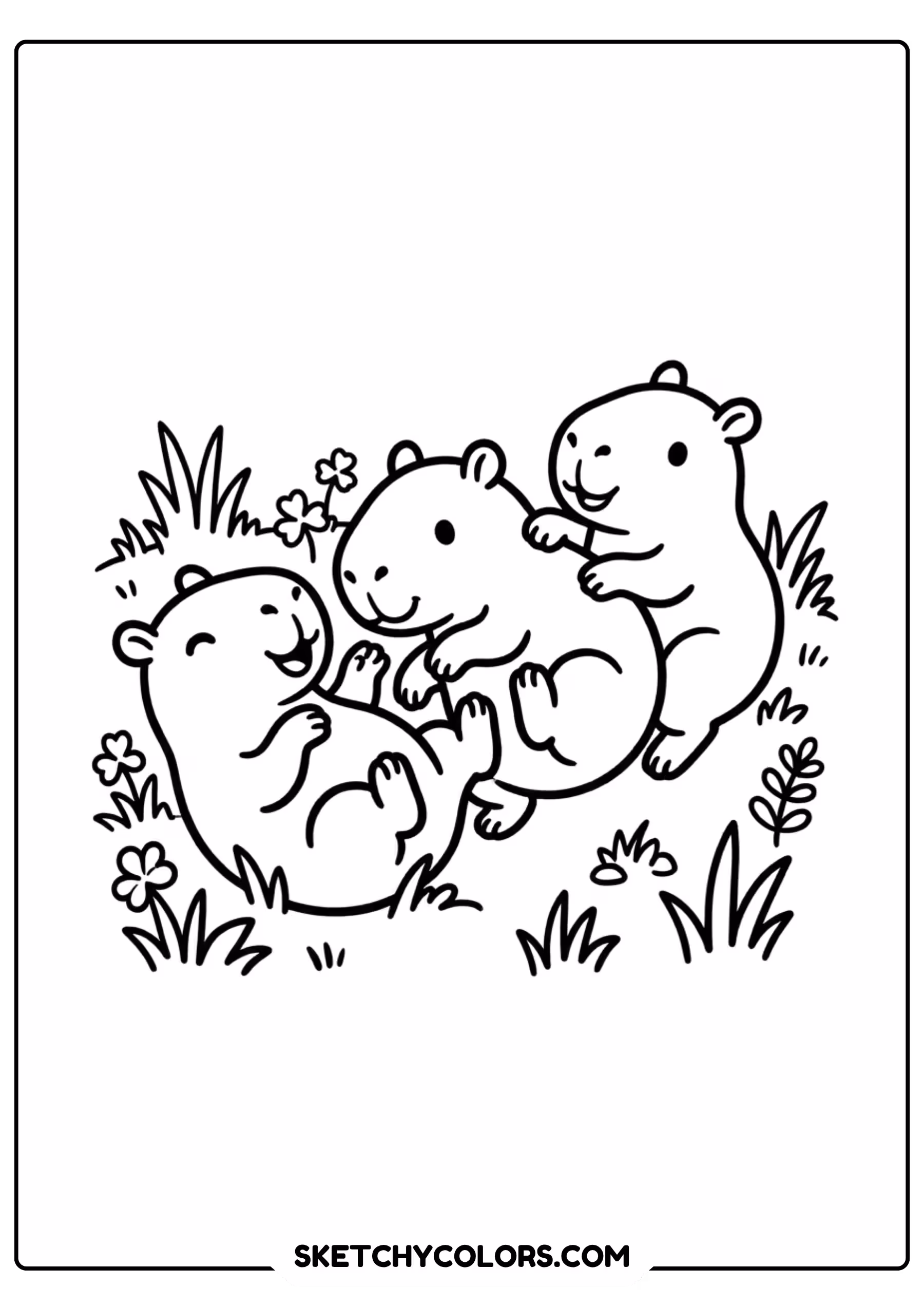 capybara family together riverbank free printable coloring page for kids
