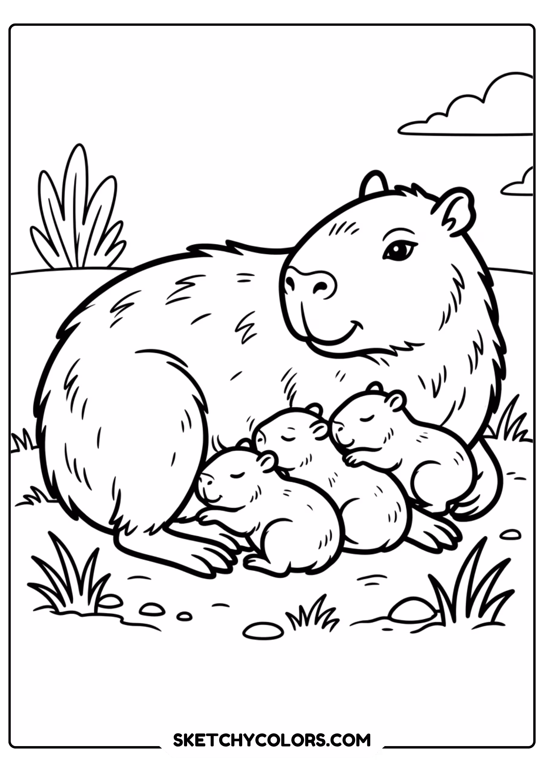 capybara family photo group free printable coloring page for kids