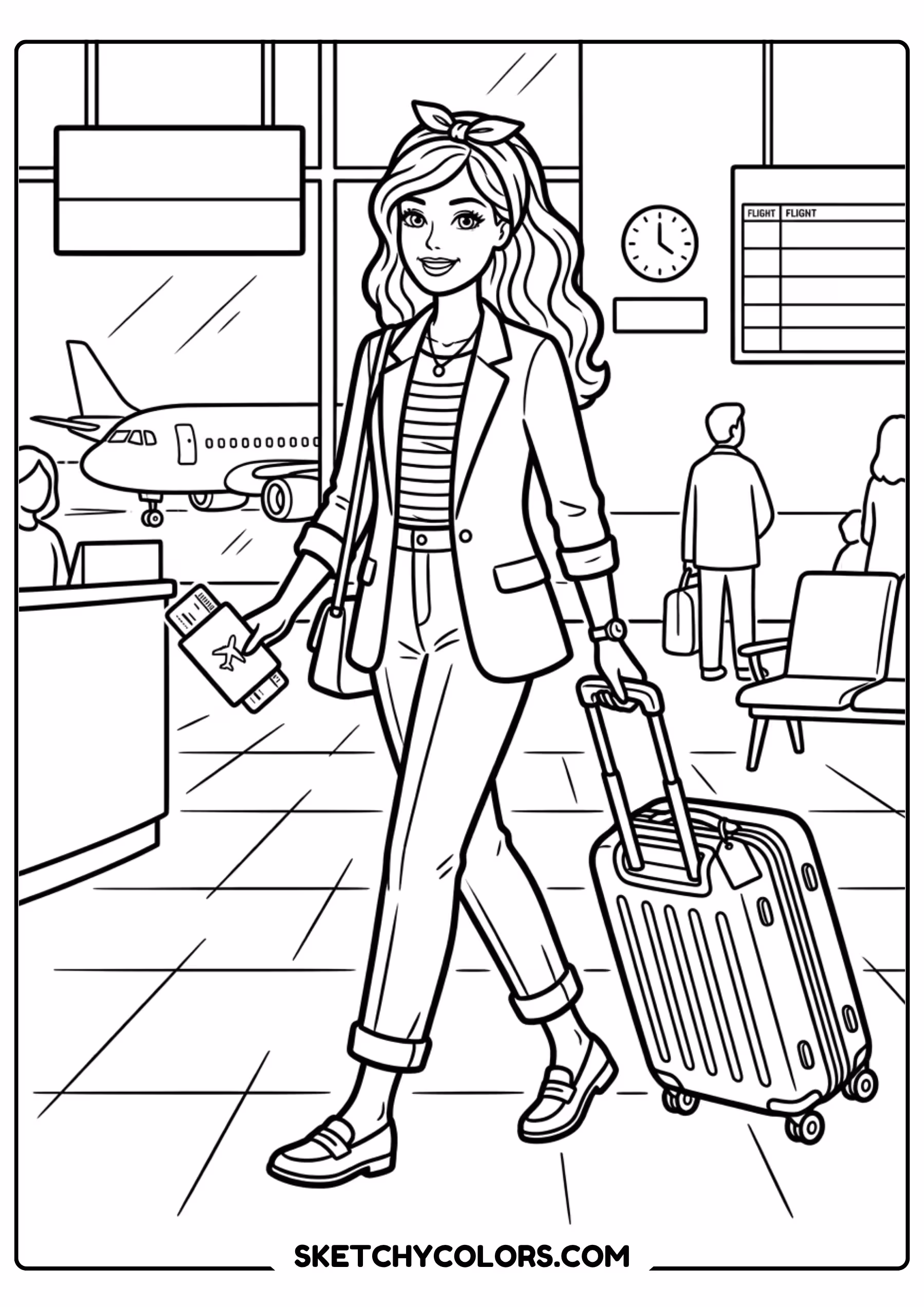 barbie travels at the airport - free printable barbie coloring page