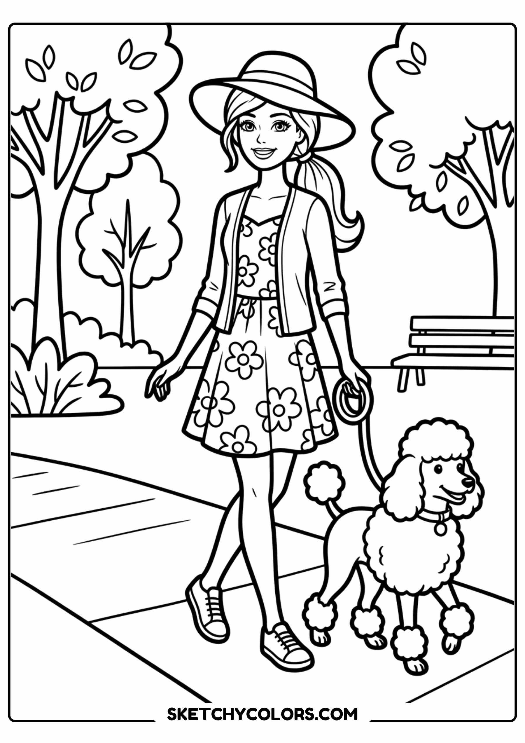 barbie walking her poodle - free printable barbie coloring page
