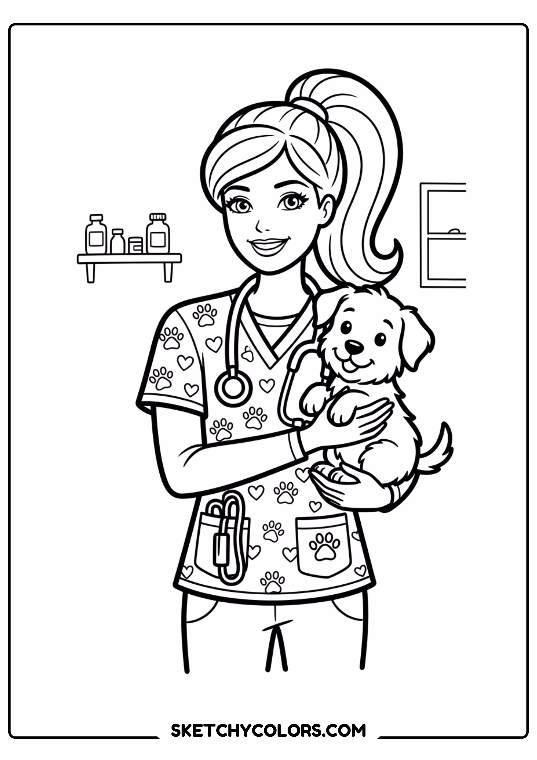 barbie the veterinarian with a dog - free printable barbie coloring page