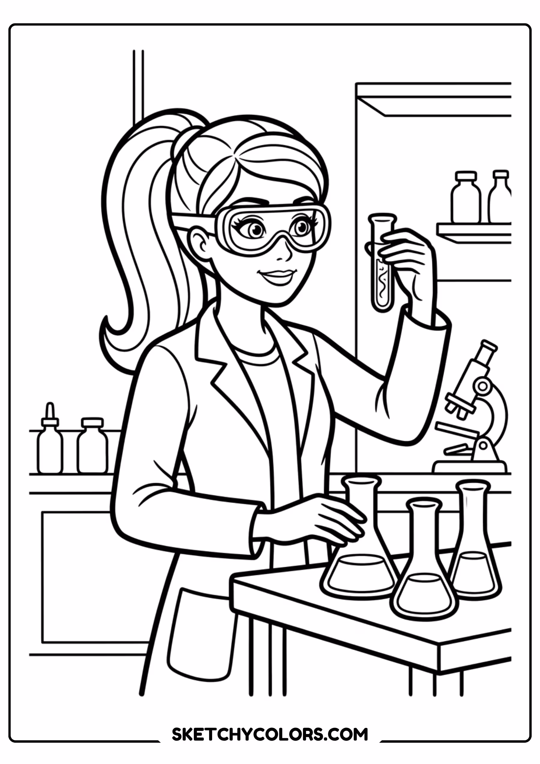 barbie the scientist in the lab - free printable barbie coloring page
