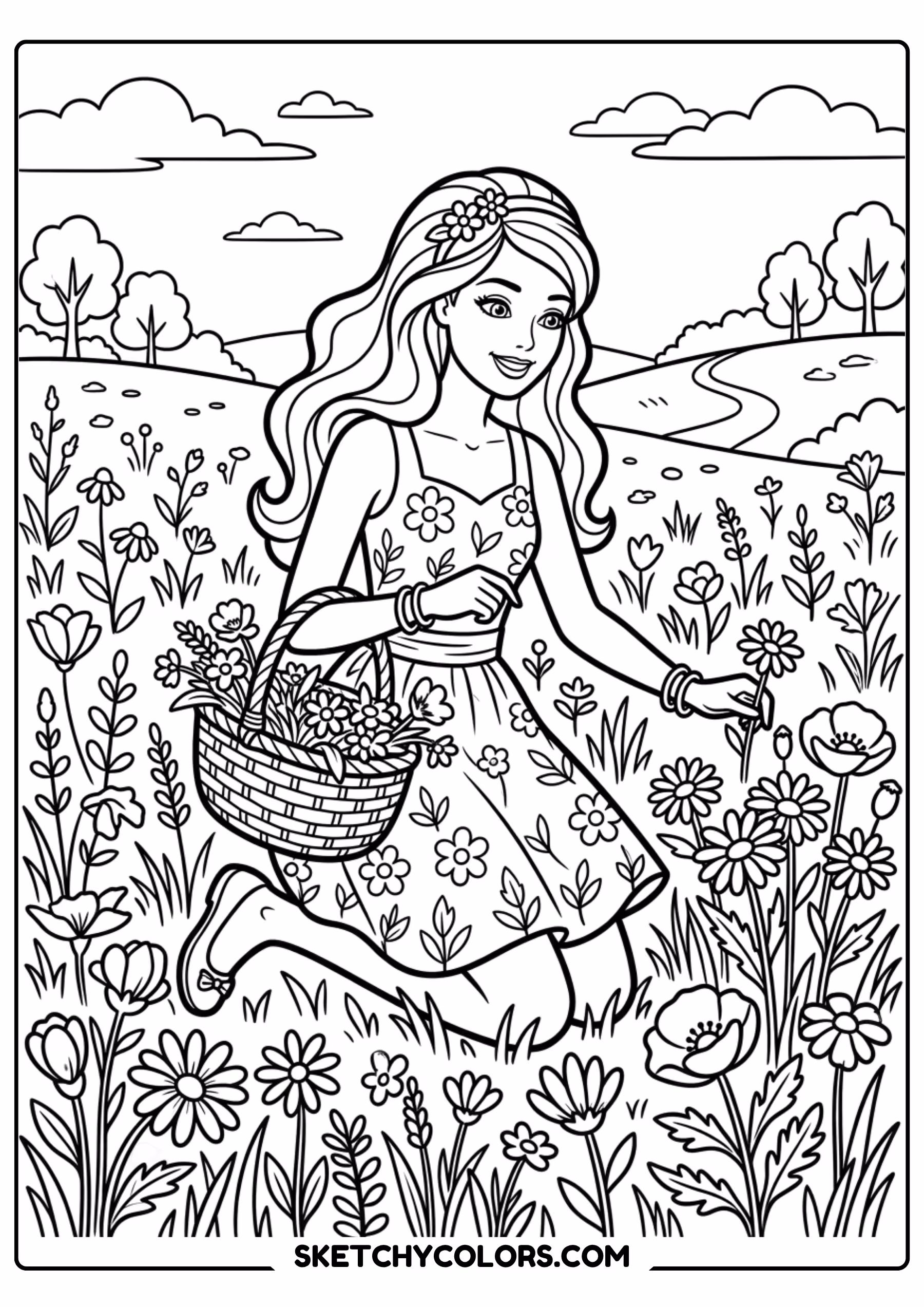 barbie picking flowers in a meadow - free printable barbie coloring page