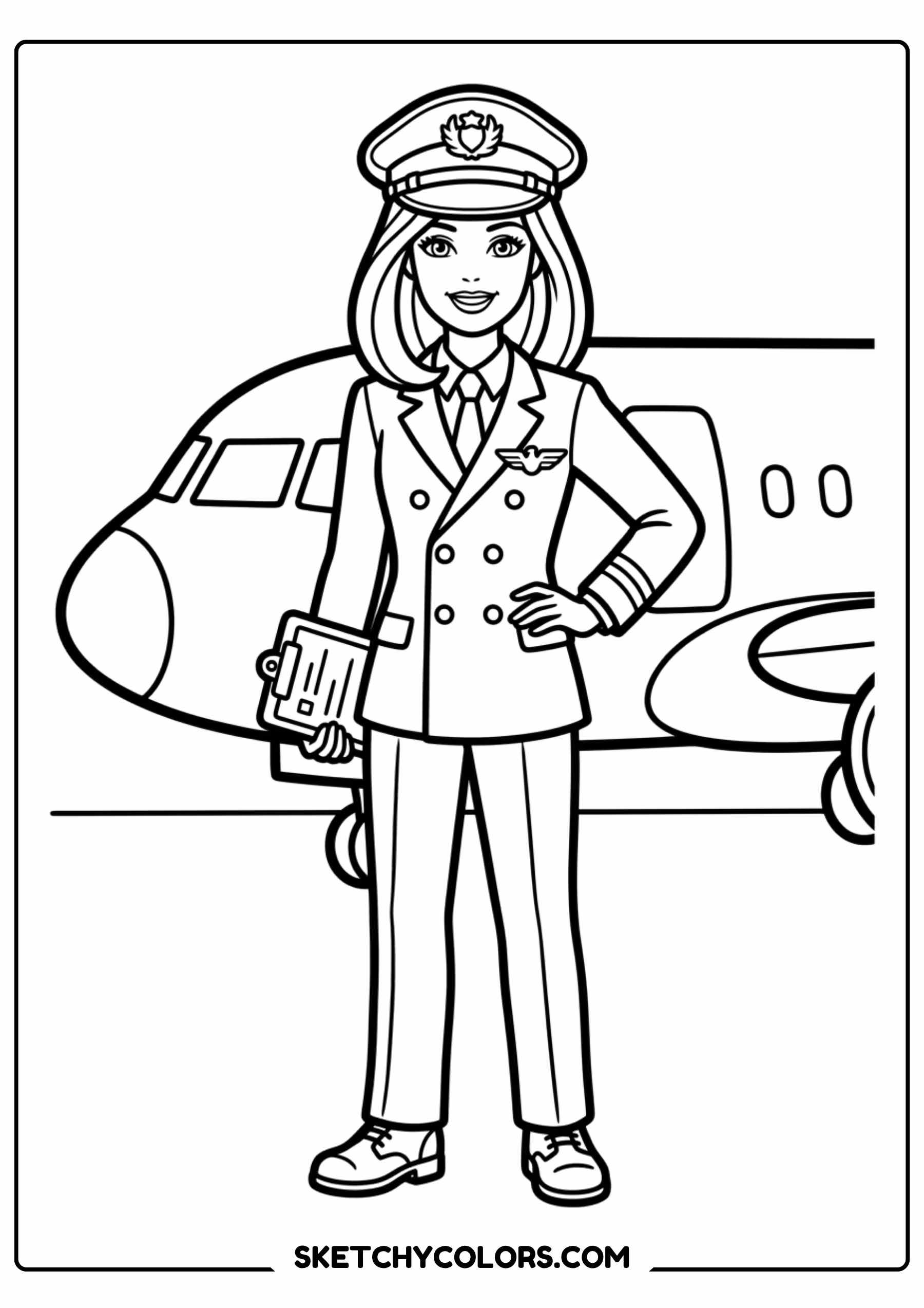 barbie the pilot by her airplane - free printable barbie coloring page