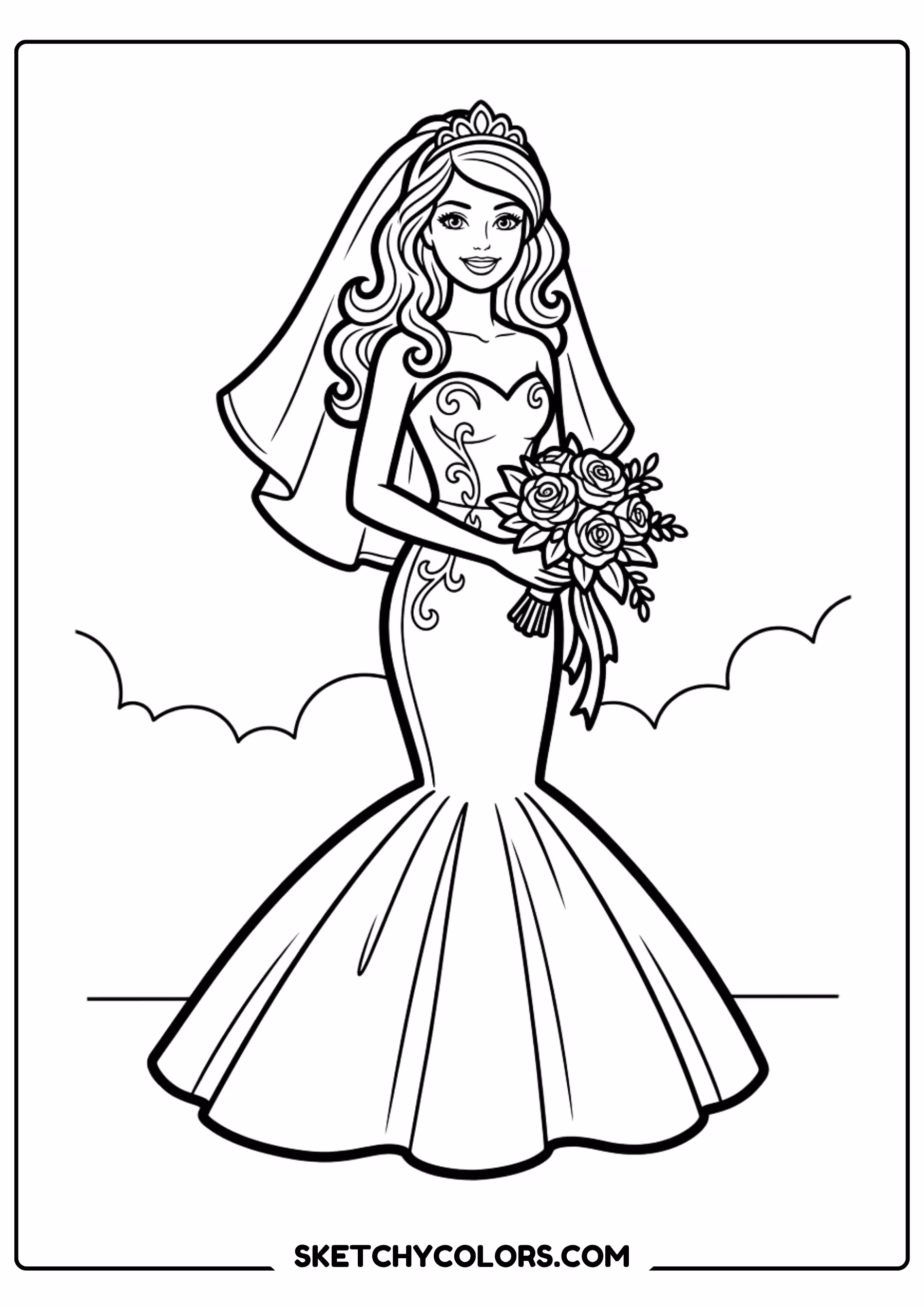 barbie the bride with bouquet - free printable barbie coloring page