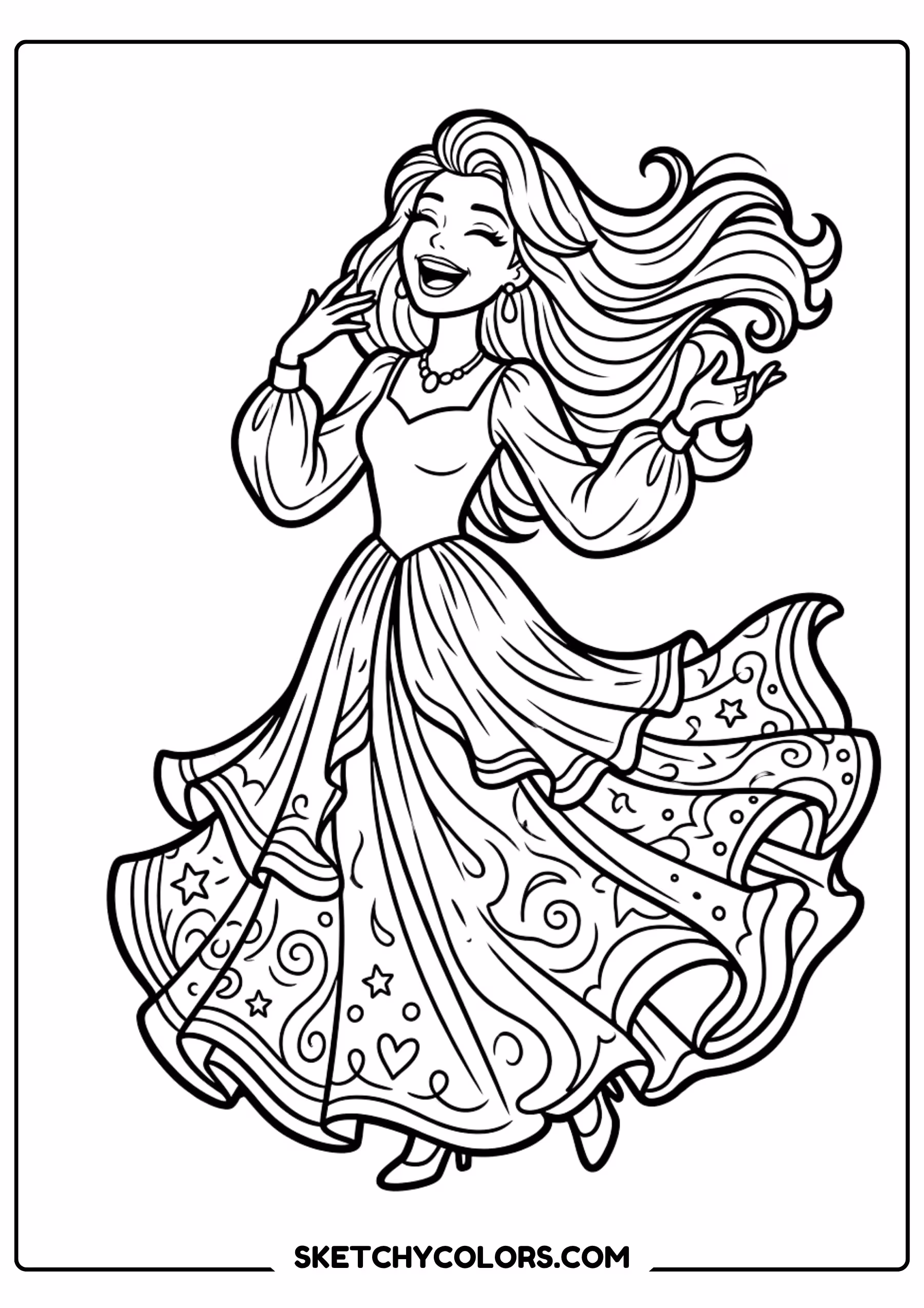 barbie rapunzel with long flowing hair - free printable barbie coloring page