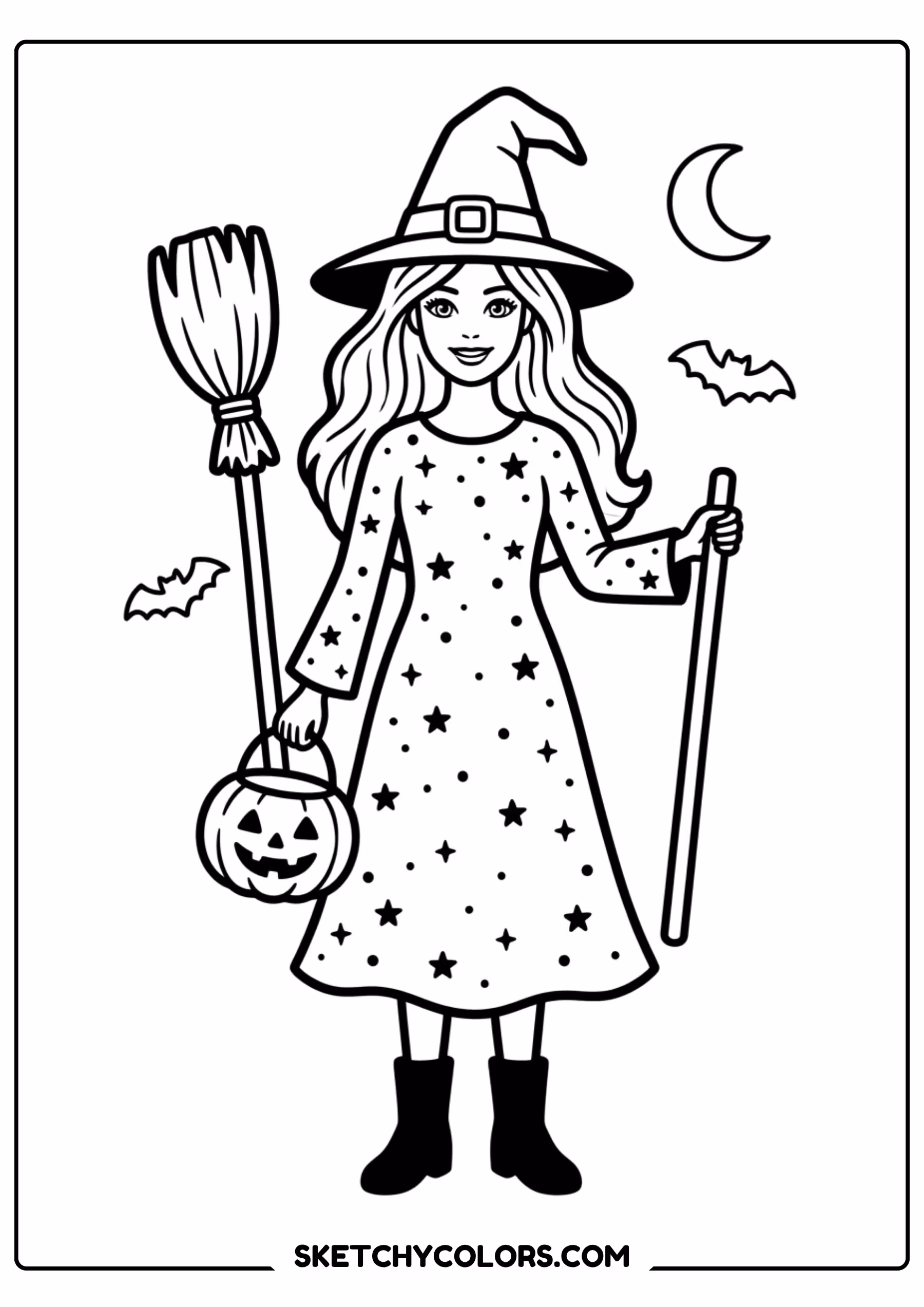 barbie the halloween witch with pumpkin - free printable barbie coloring page
