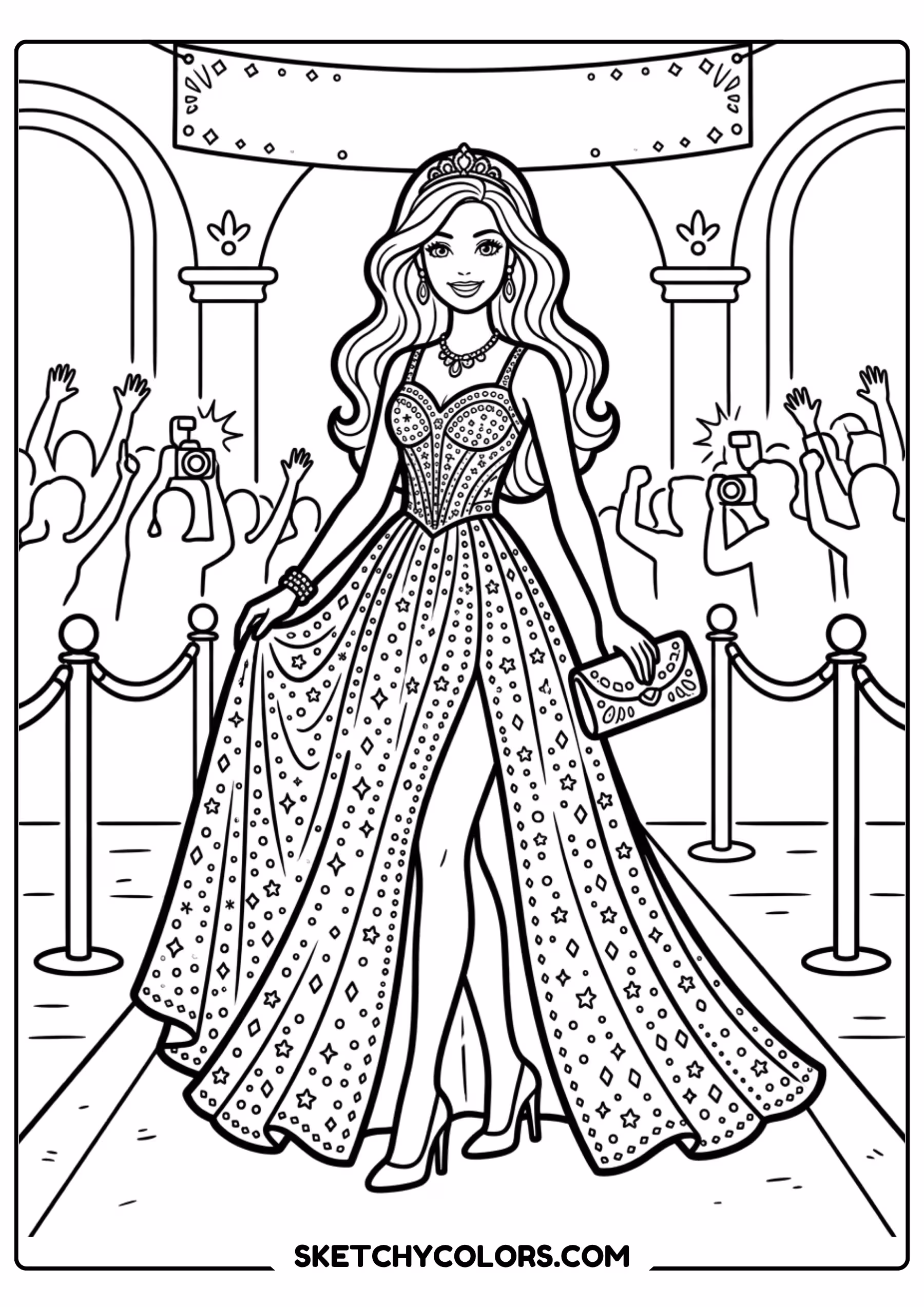 barbie in a red carpet gown - free printable barbie coloring page