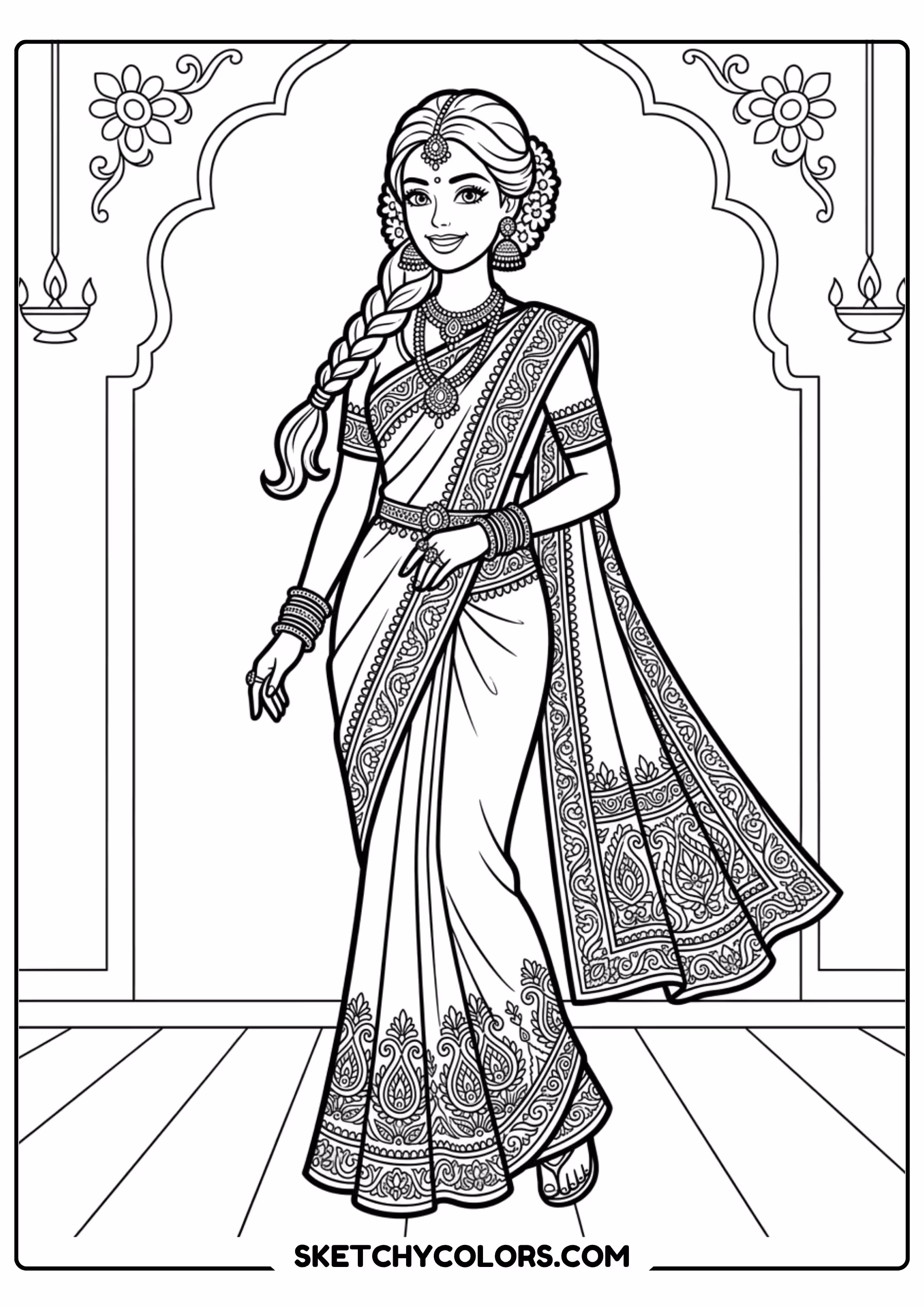 barbie in a beautiful indian sari - free printable barbie coloring page