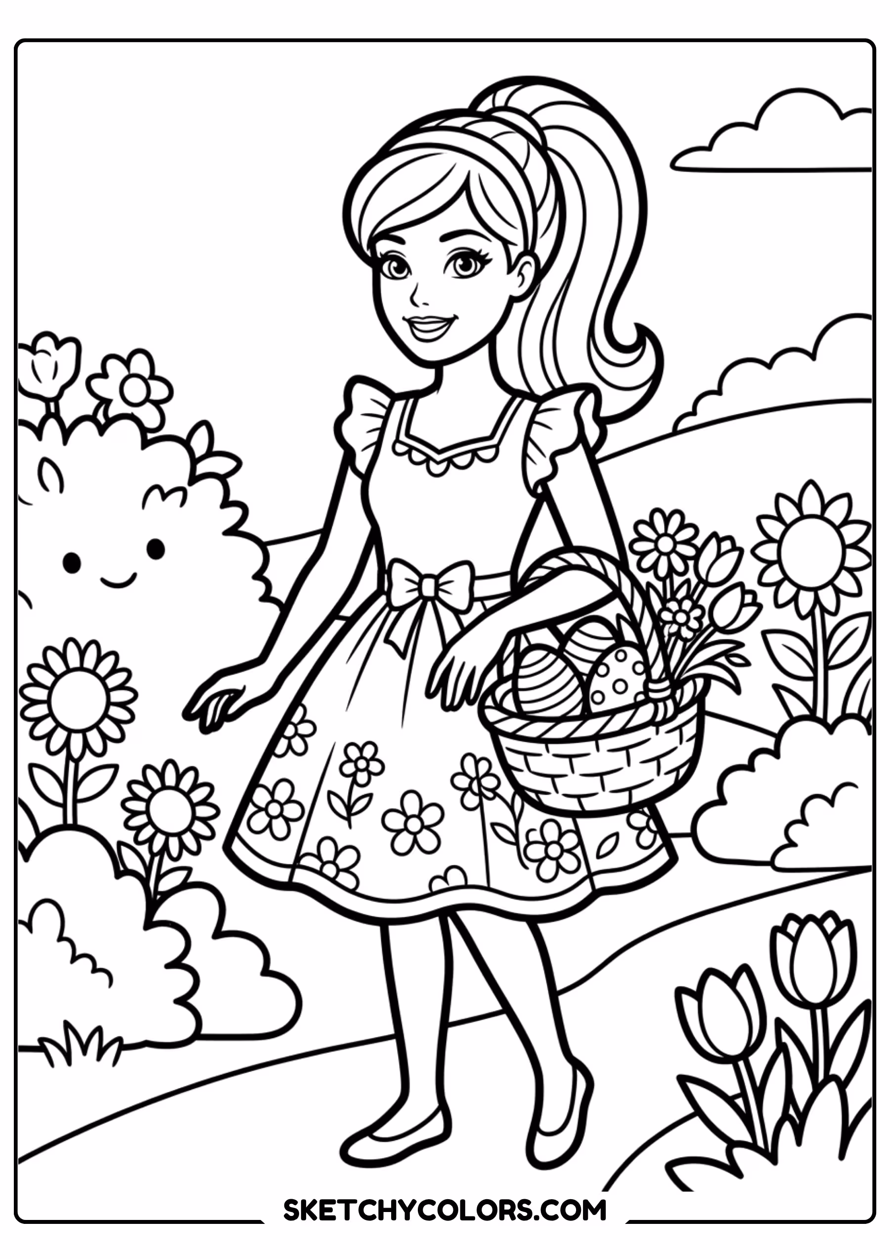 barbie with a flower basket in the garden - free printable barbie coloring page