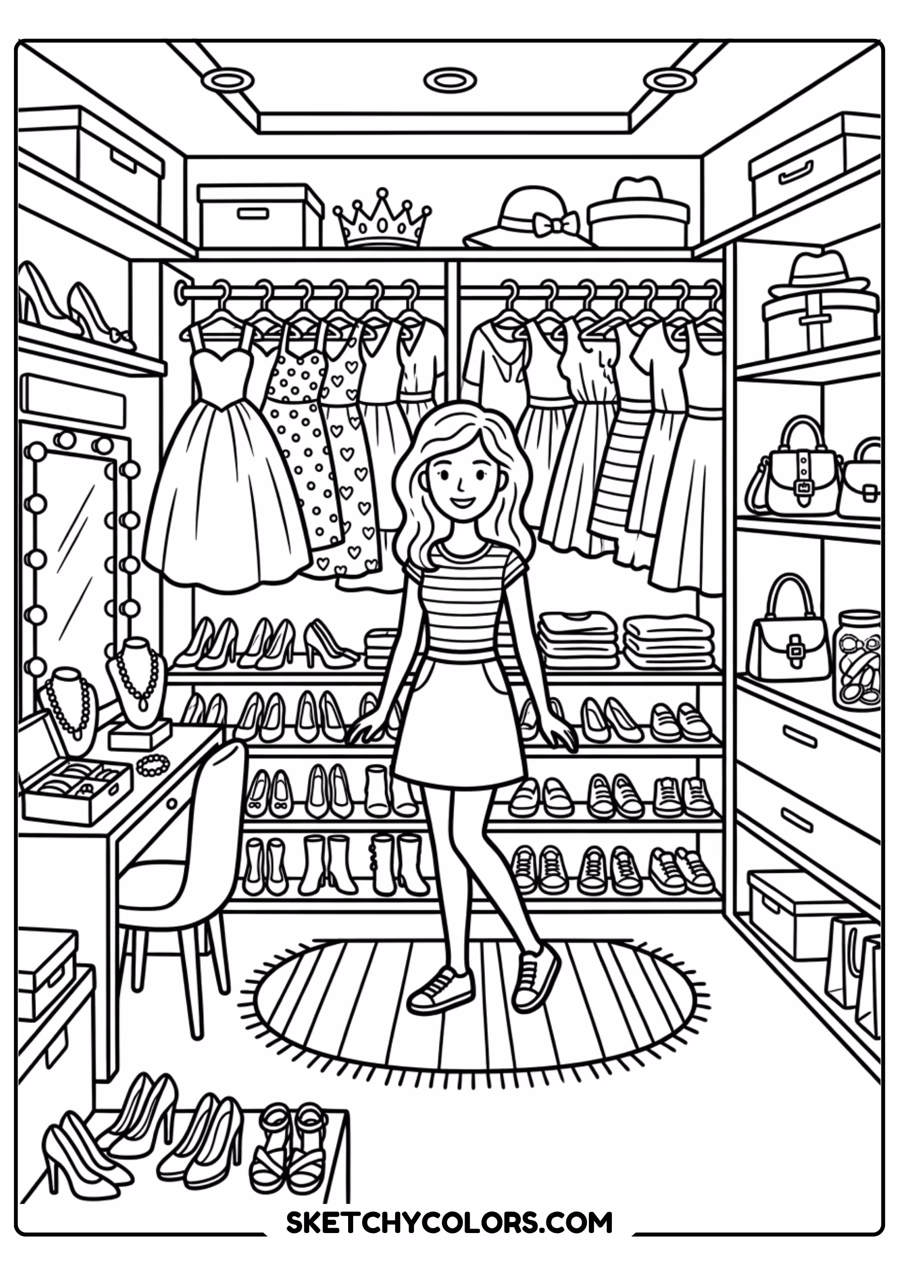 barbie shopping in a clothes store - free printable barbie coloring page