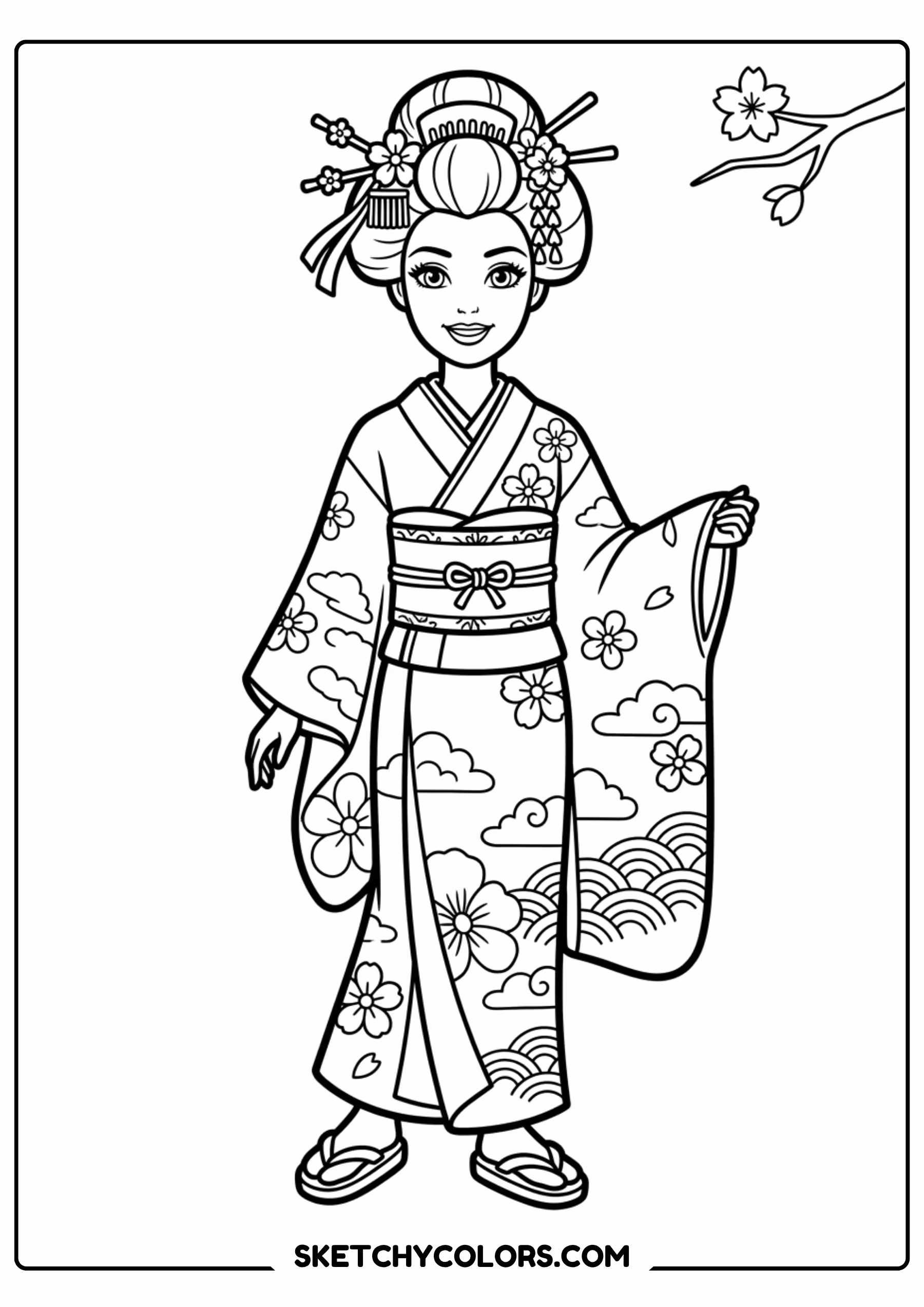 barbie in a japanese kimono - free printable barbie coloring page