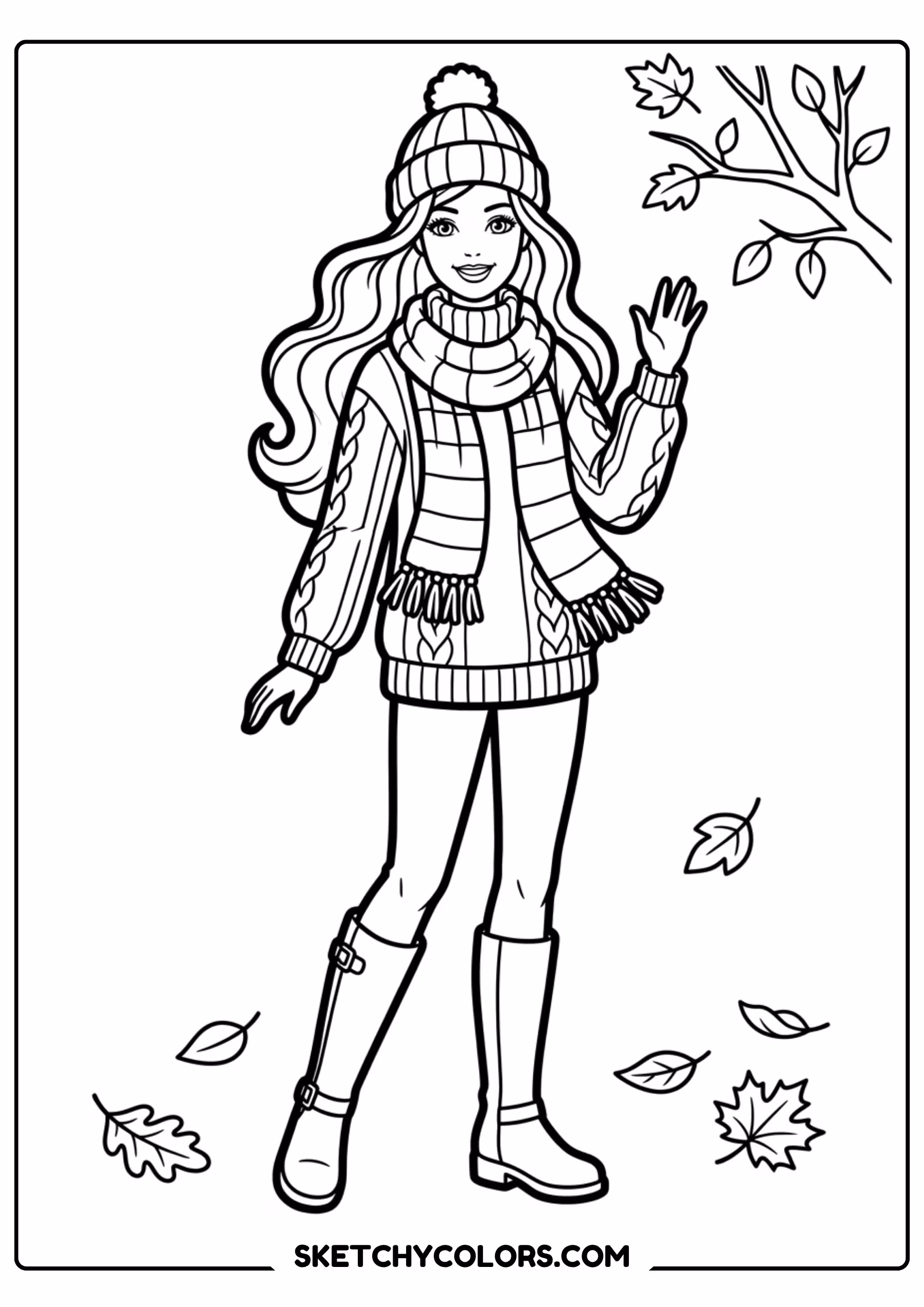 barbie in a cozy winter sweater - free printable barbie coloring page