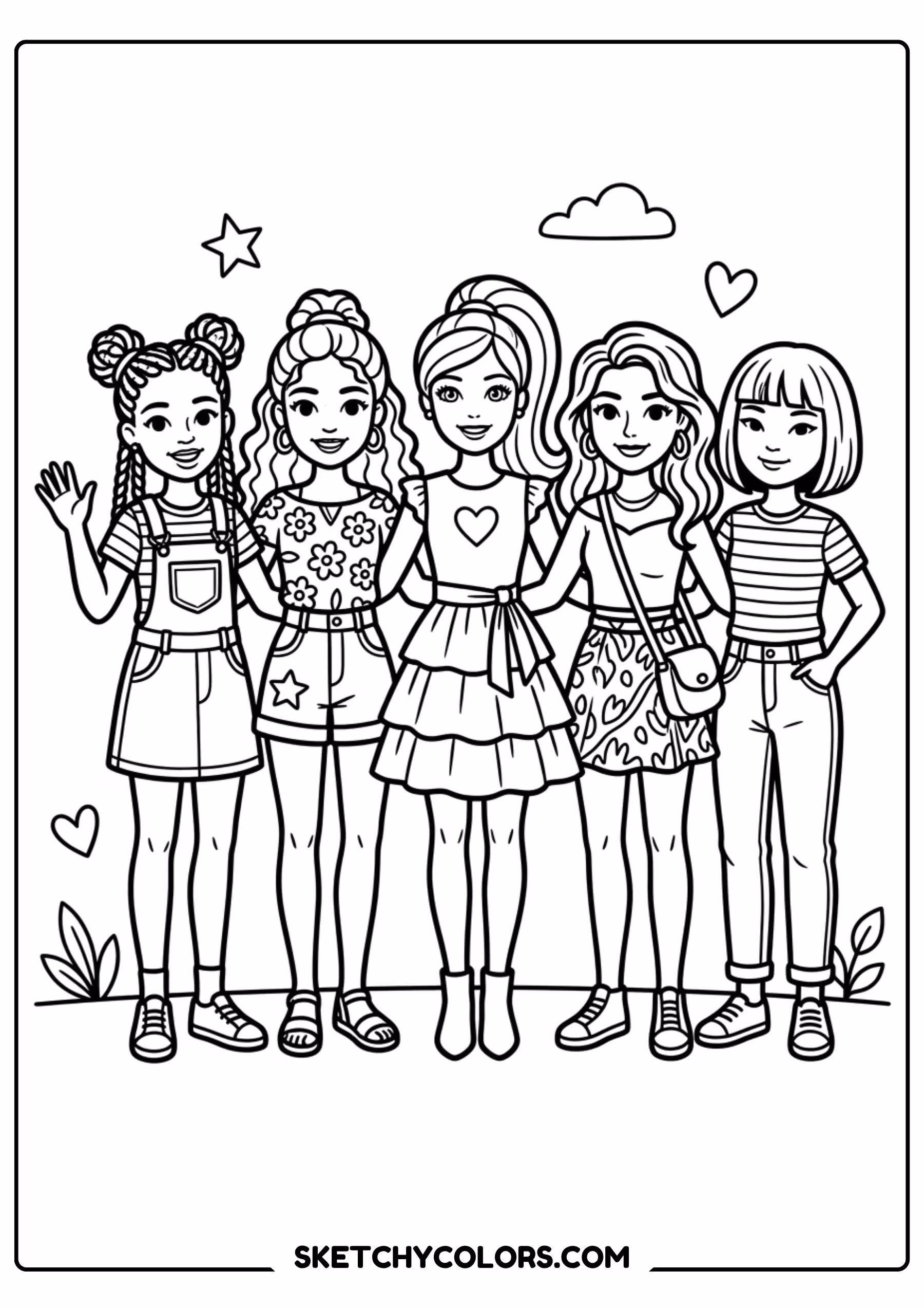 four barbie friends together - free printable barbie coloring page