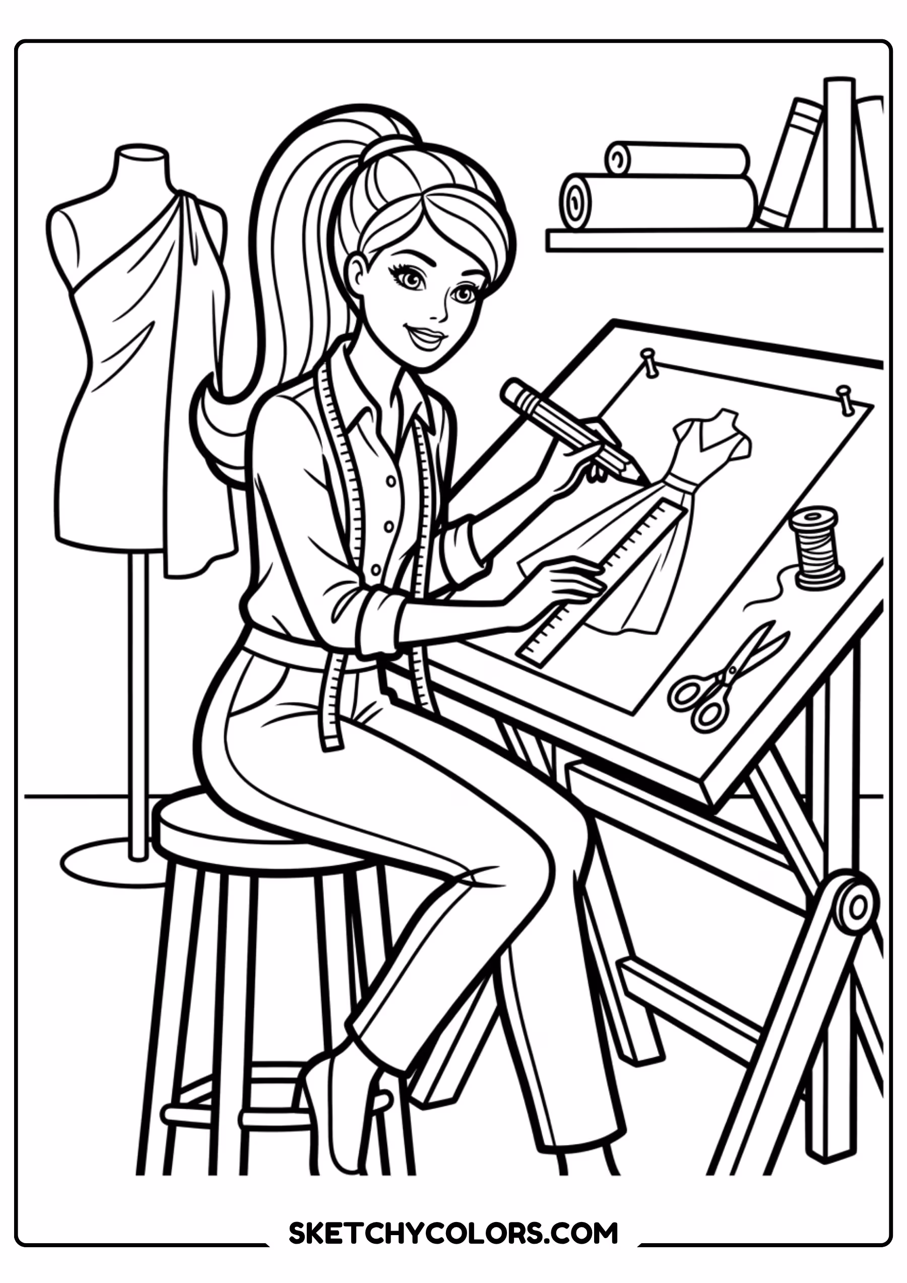 barbie the architect at the drawing board - free printable barbie coloring page