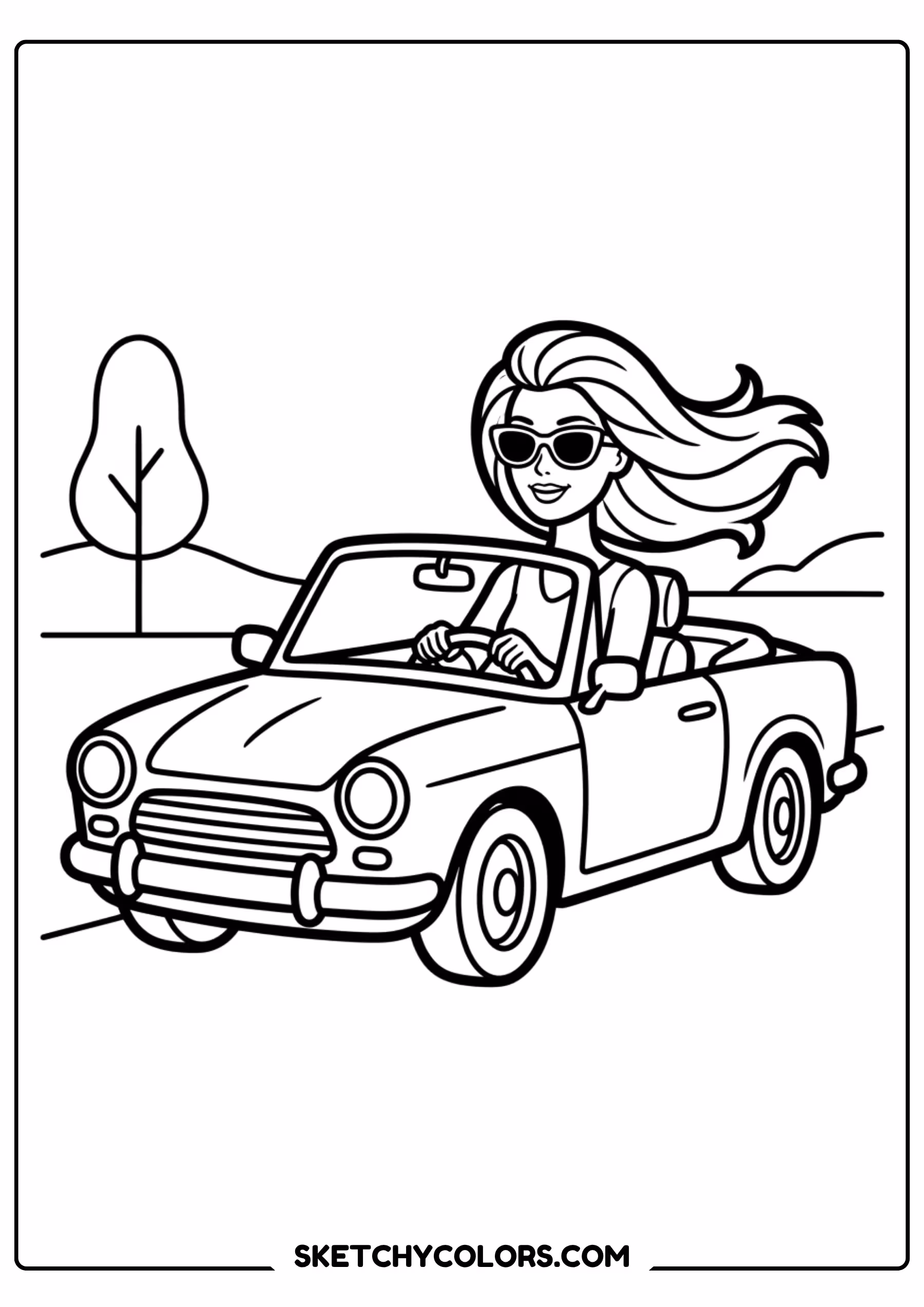 barbie driving her pink convertible - free printable barbie coloring page