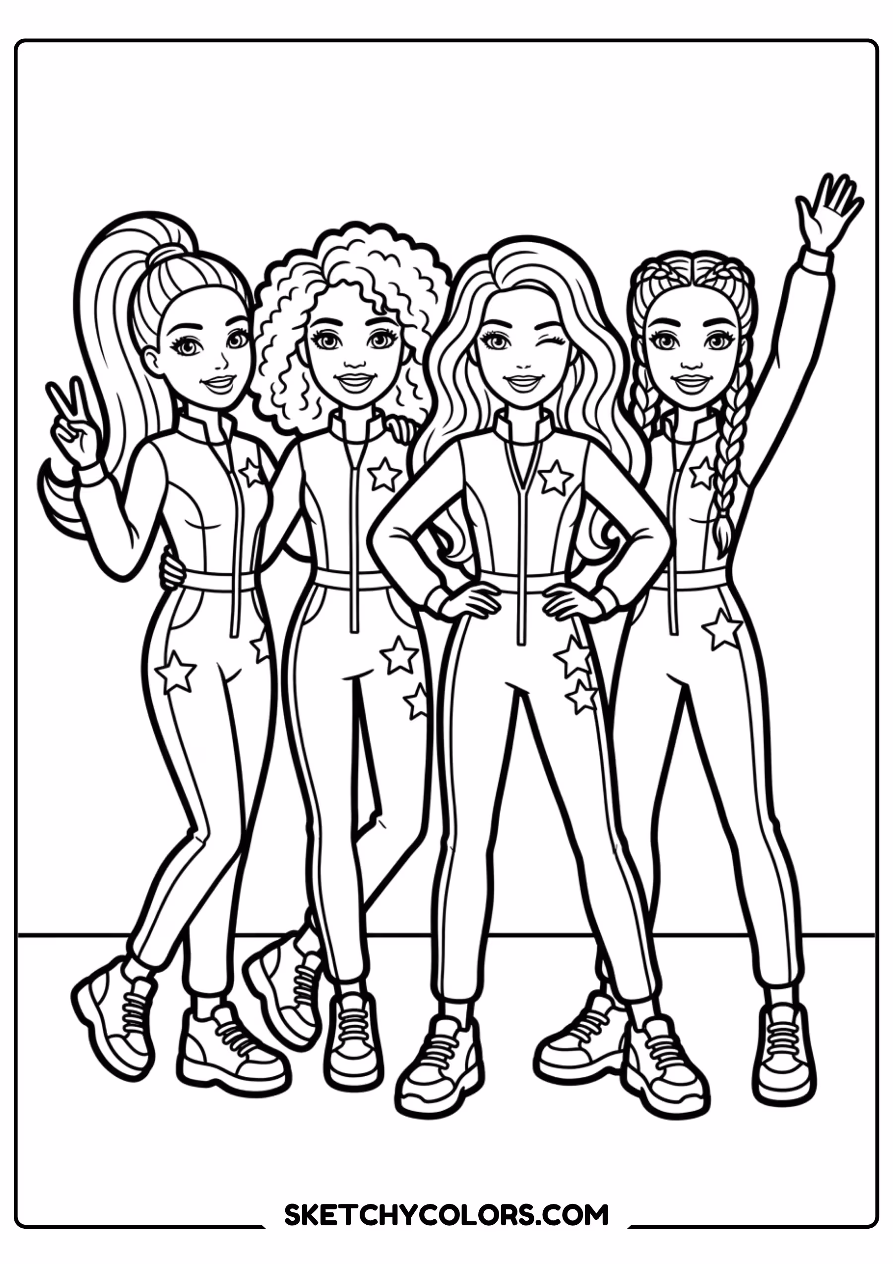 three barbie friends posing together - free printable barbie coloring page