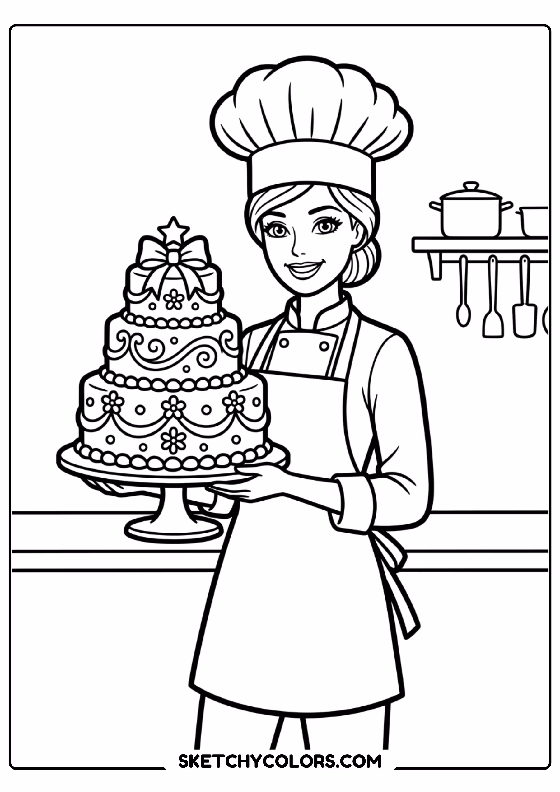 barbie the baker decorating a cake - free printable barbie coloring page