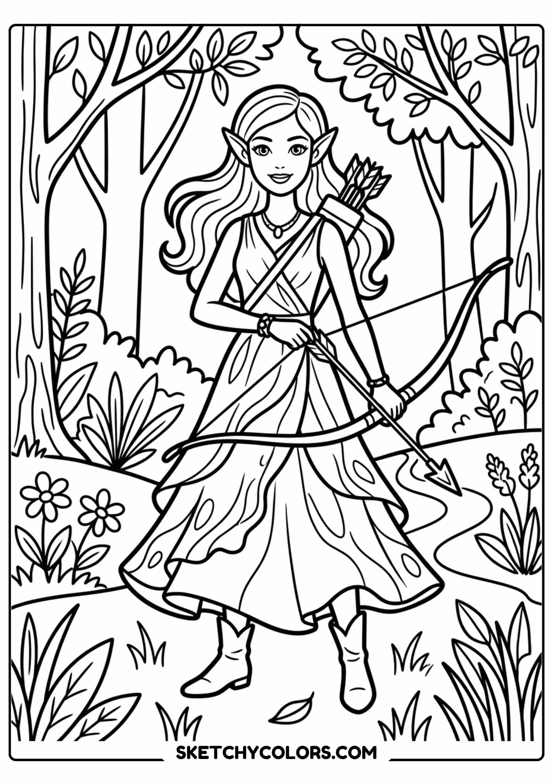 barbie the archer in a garden - free printable barbie coloring page