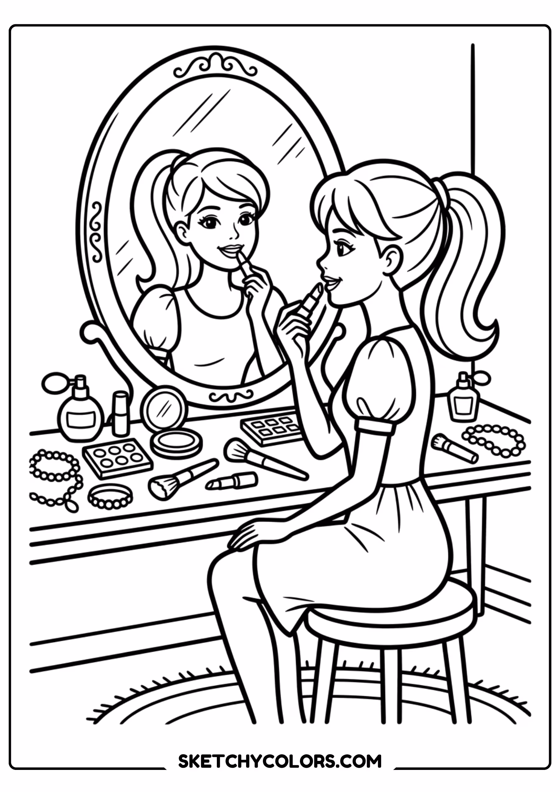 barbie teaching a little girl to make tea - free printable barbie coloring page