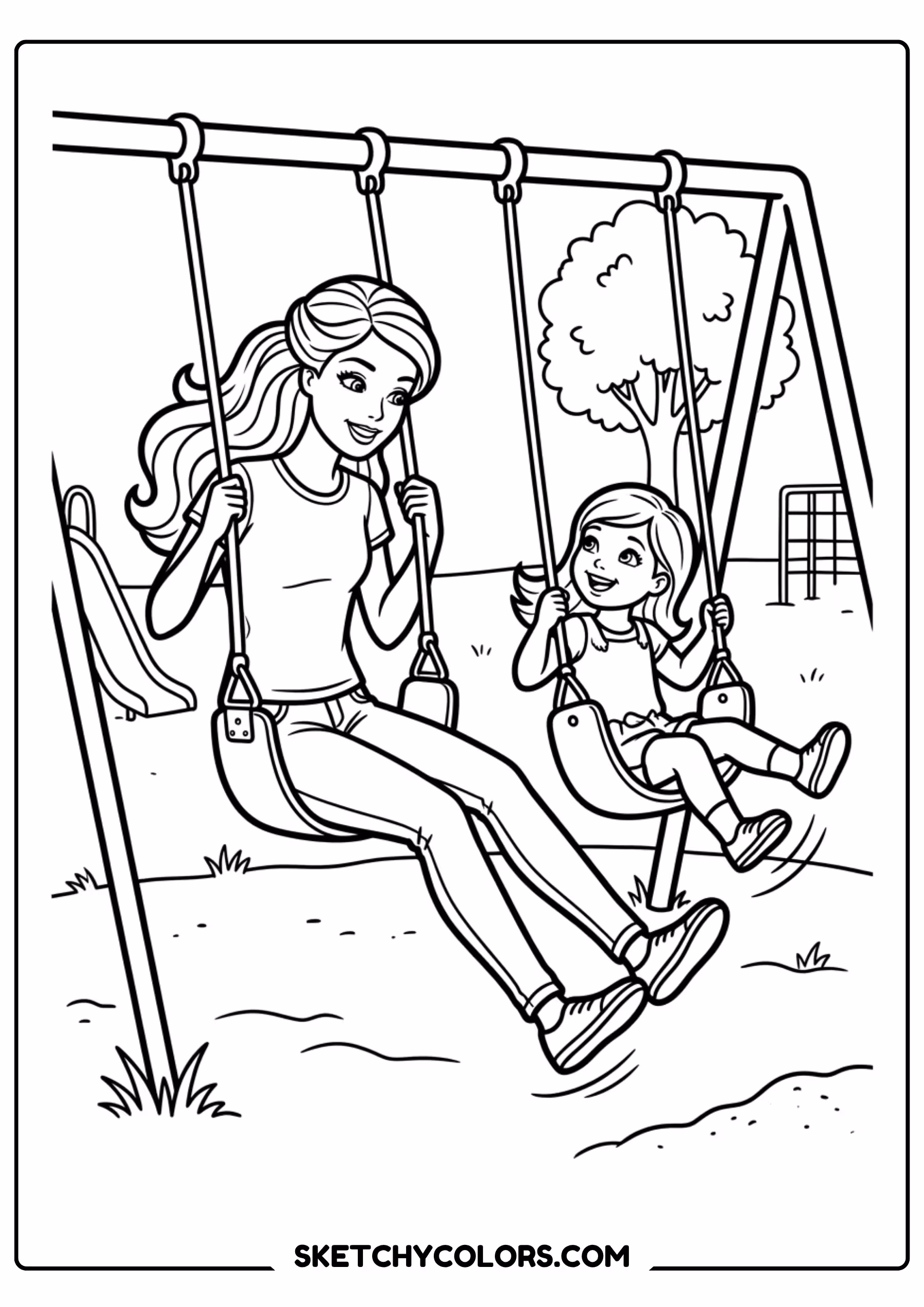 barbie with a little girl on the swing - free printable barbie coloring page