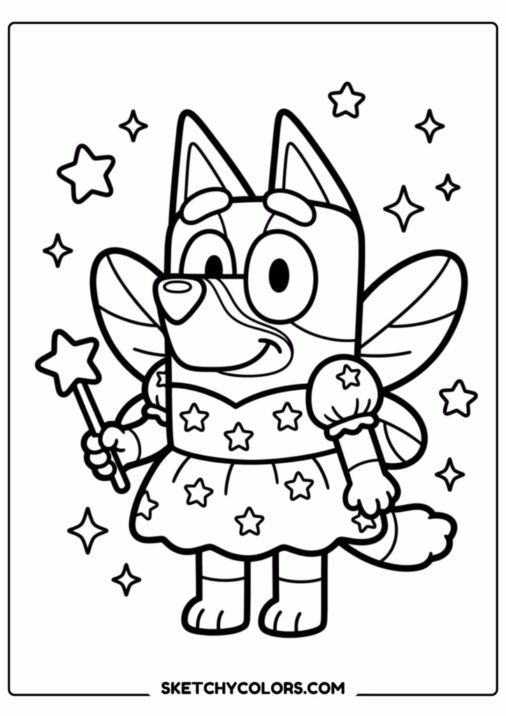 Bluey fairy with wand coloring page free printable PDF