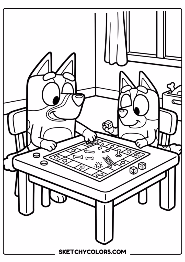Bluey and Bingo board game coloring page free printable PDF
