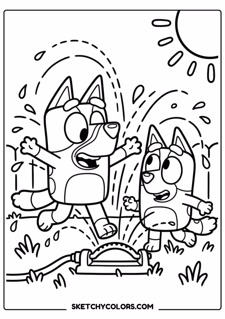 Bluey and Bingo sprinkler coloring page free printable PDF