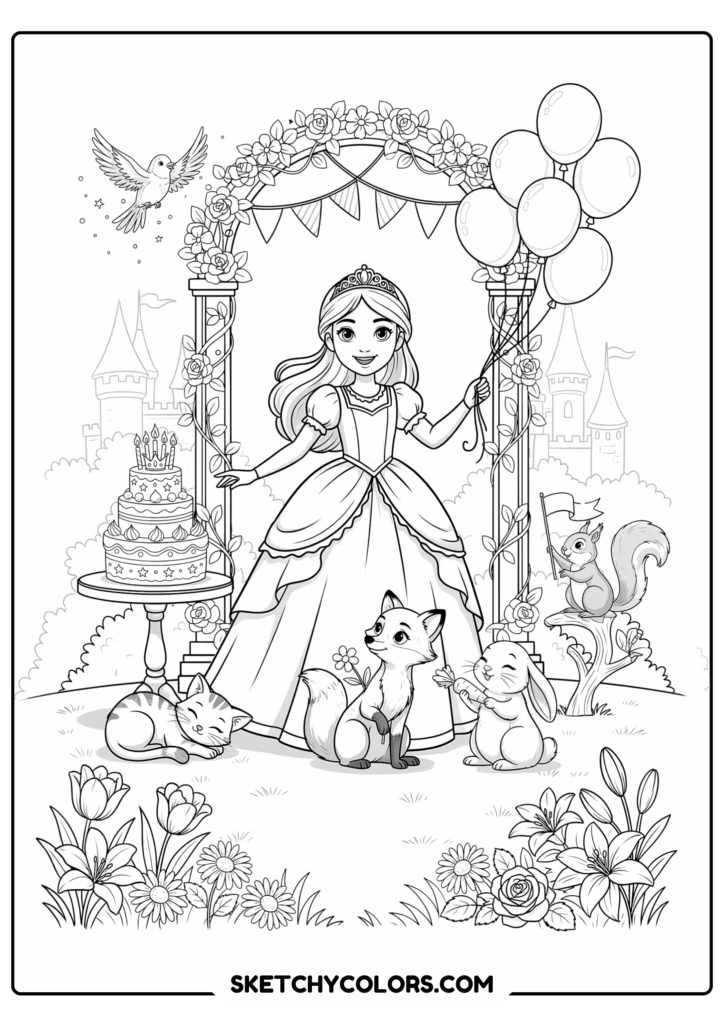 princess party printable coloring page pdf