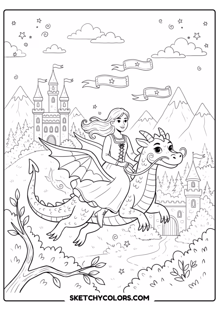 princess and dragon free printable coloring sheet