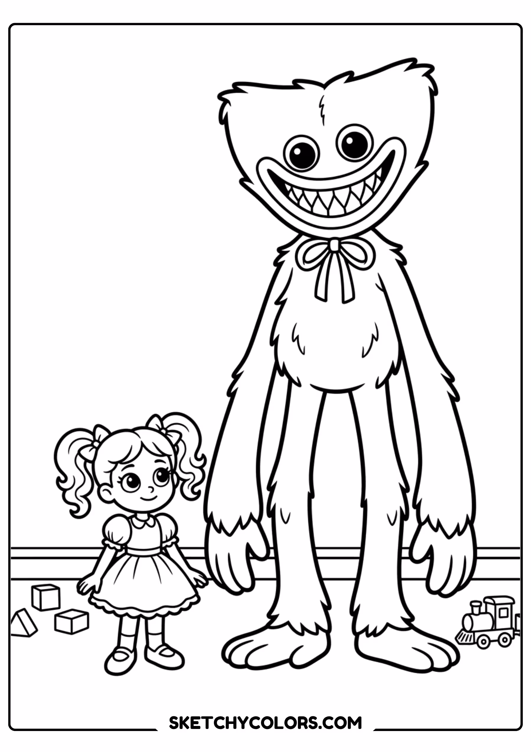 huggy wuggy at factory entrance coloring page free printable