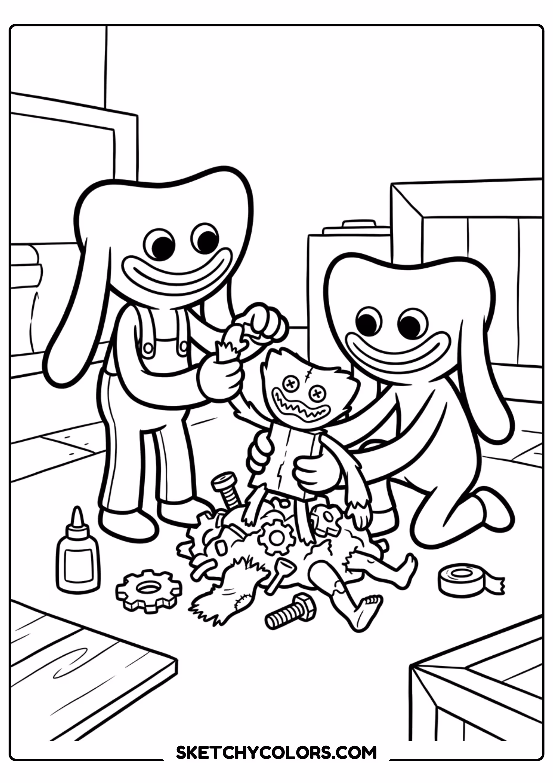 huggy wuggy with toy friends coloring page free printable